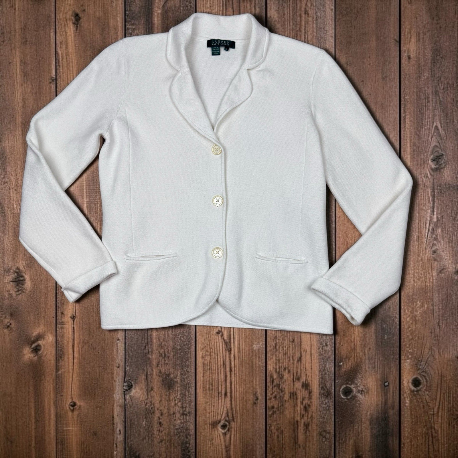 VTG Lauren Ralph Lauren L* Ivory Cotton Knit Blazer Cardigan Jacket Hong Kong
