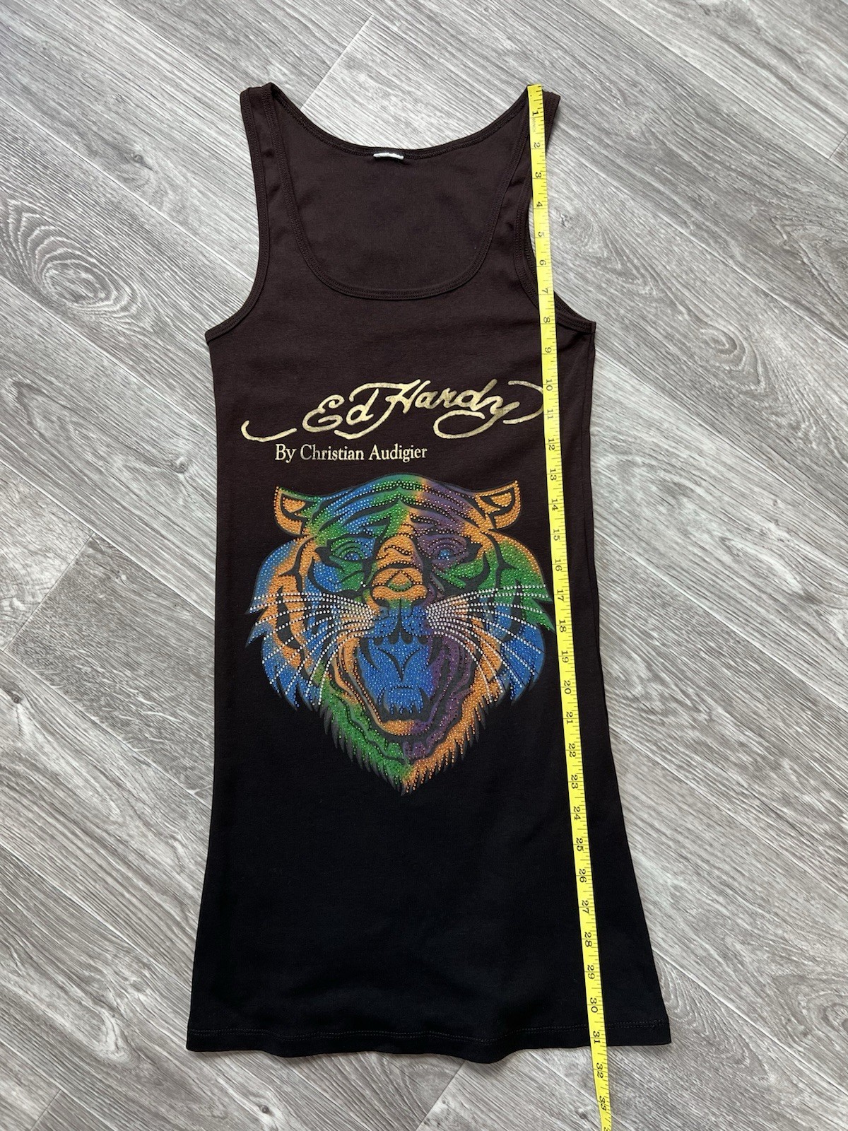 Vintage Ed Hardy Christian Audigier Tiger Rhinestone Ombre Tank Dress Brown Y2K