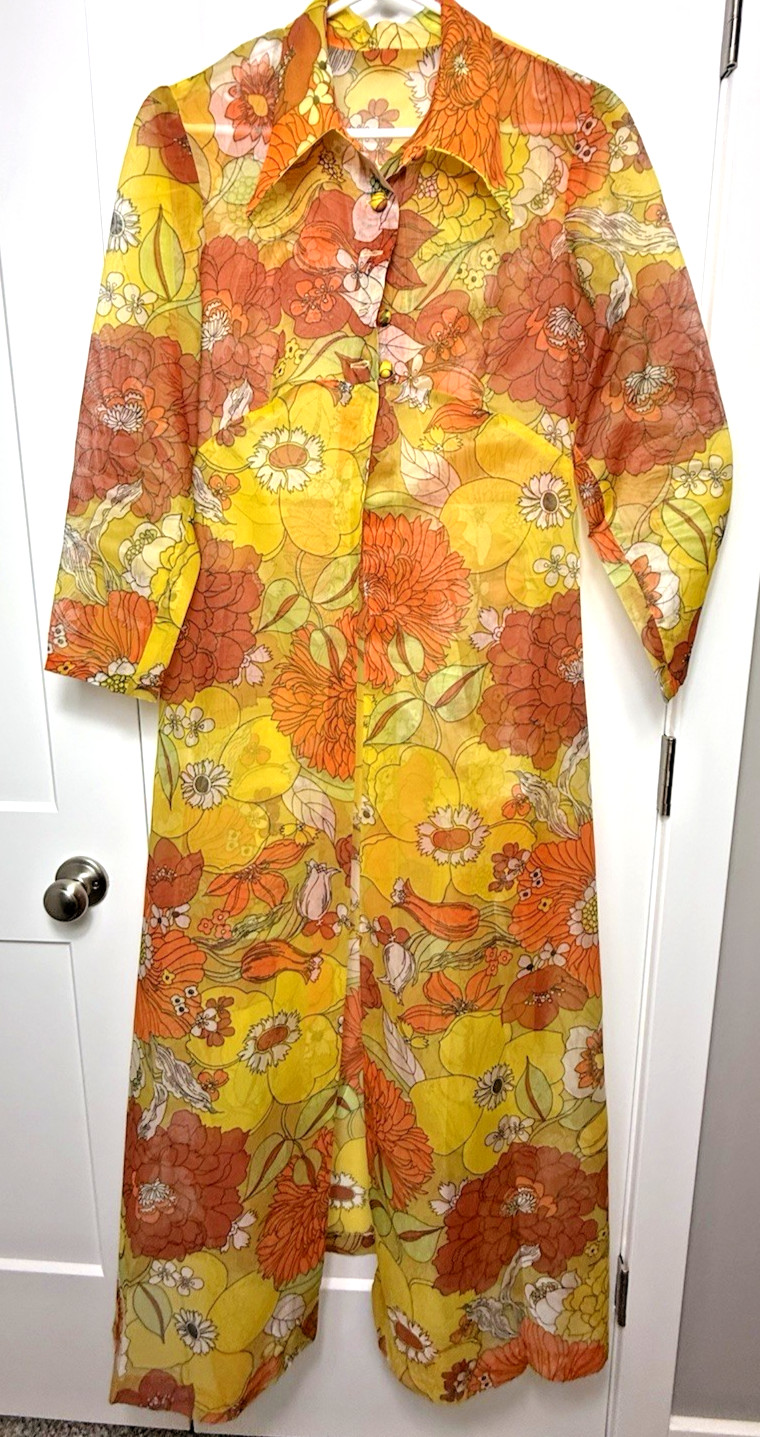Vtg 60’S Groovy Orange Yellow Sheer Floral Maxi Dress Stiff Chiffon Long Jacket
