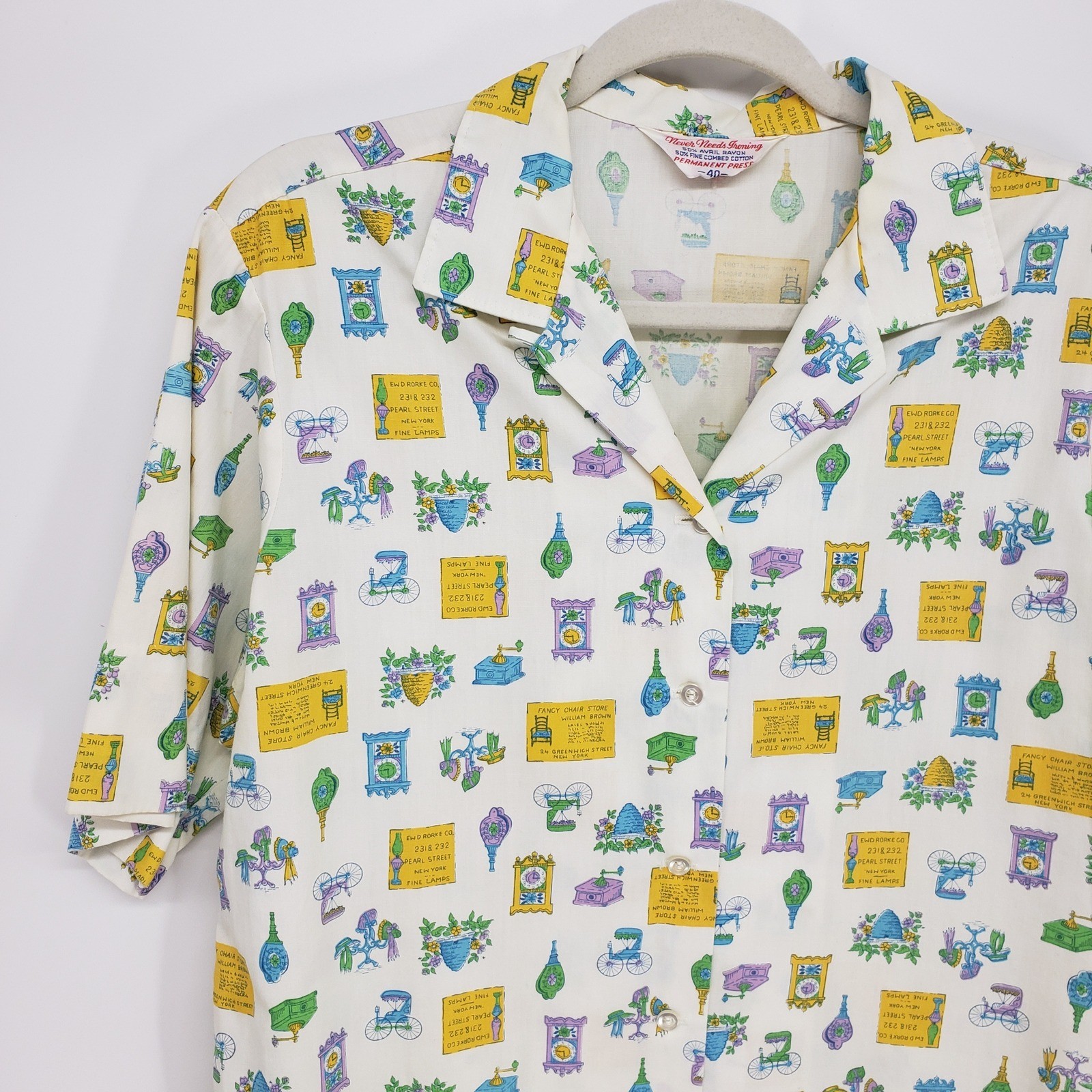 Vintage 70s Novelty Antique Print Button Up Shirt Women L 40 White Yellow Kitsch