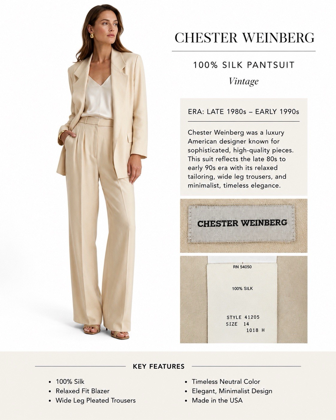 vintage 90s NEW CHESTER WEINBERG 2 piece pant suit 100% silk beige M L luxury