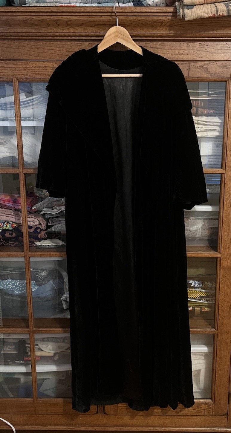 Black Velvet Full Length Opera Cape Open Robe, 3/4 Sleeve, Satin Lined, SM/MD