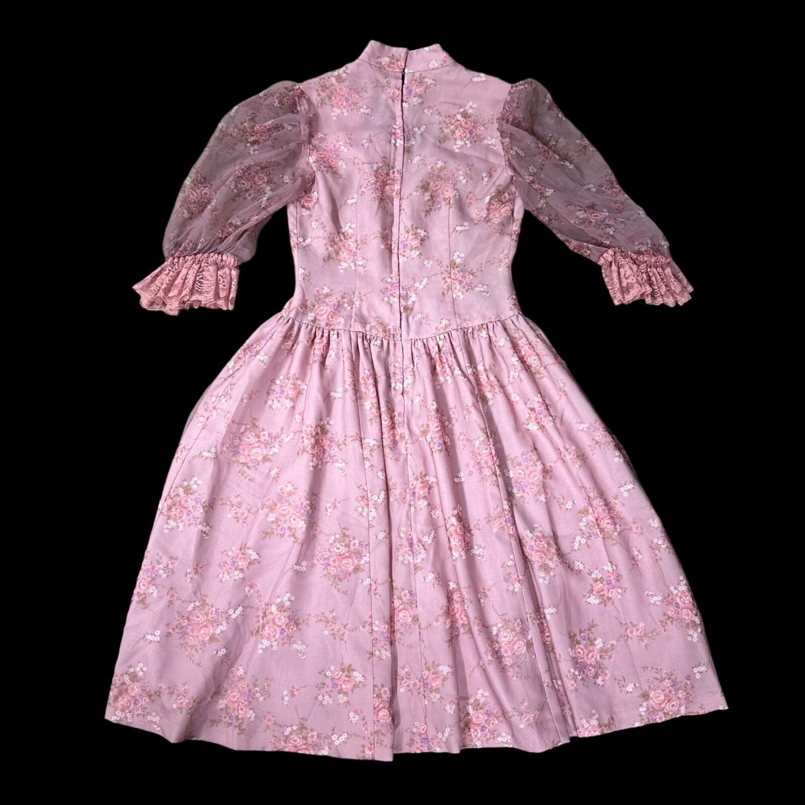 Vintage 1980s Pretty In Pink Floral Dress Shear Puffy Sleeve Rose Flower Cottage