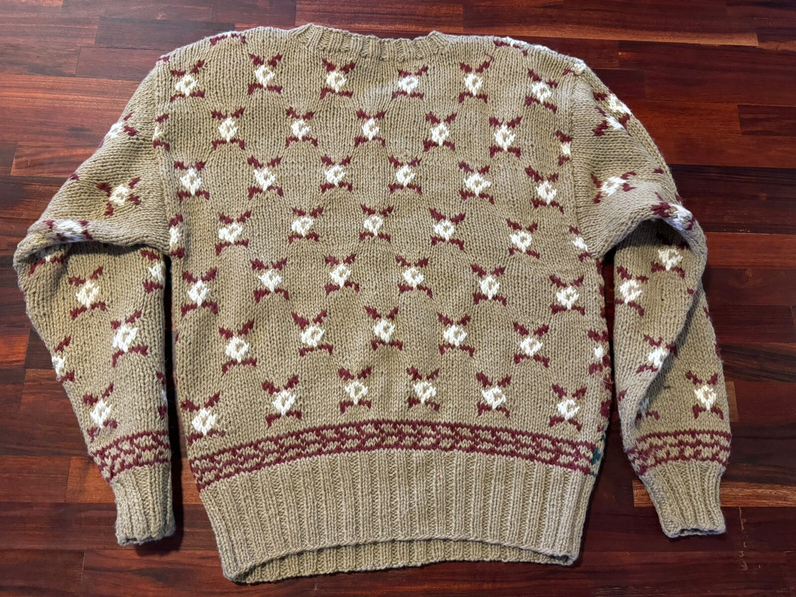Vintage Chunky Knit Sweater Medium Caren Sport Cottagecore Tan Maroon Green