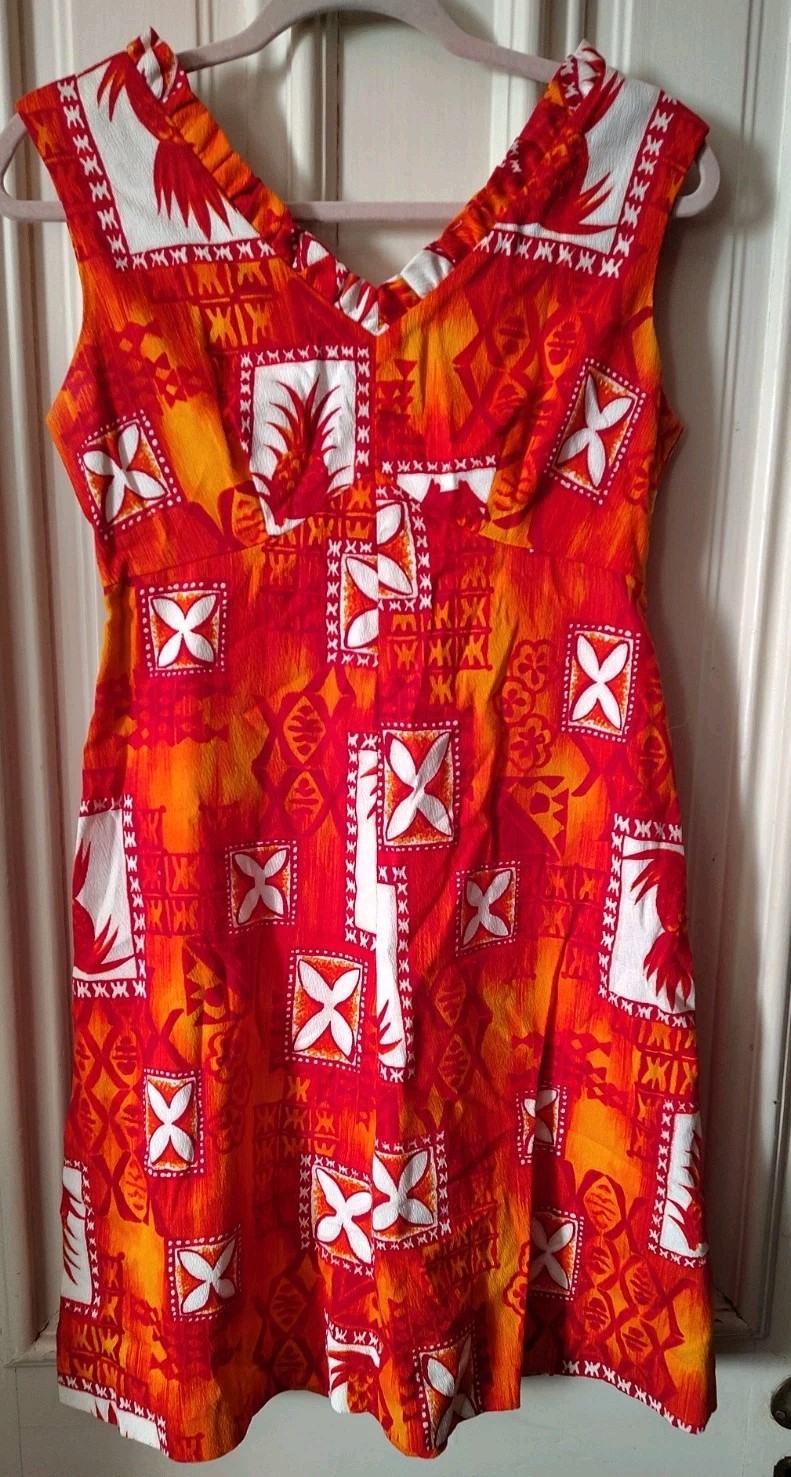 Vintage 60s Hukilau Fashions Hawaiian Barkcloth Midi Dress 10 Pineapple Orange