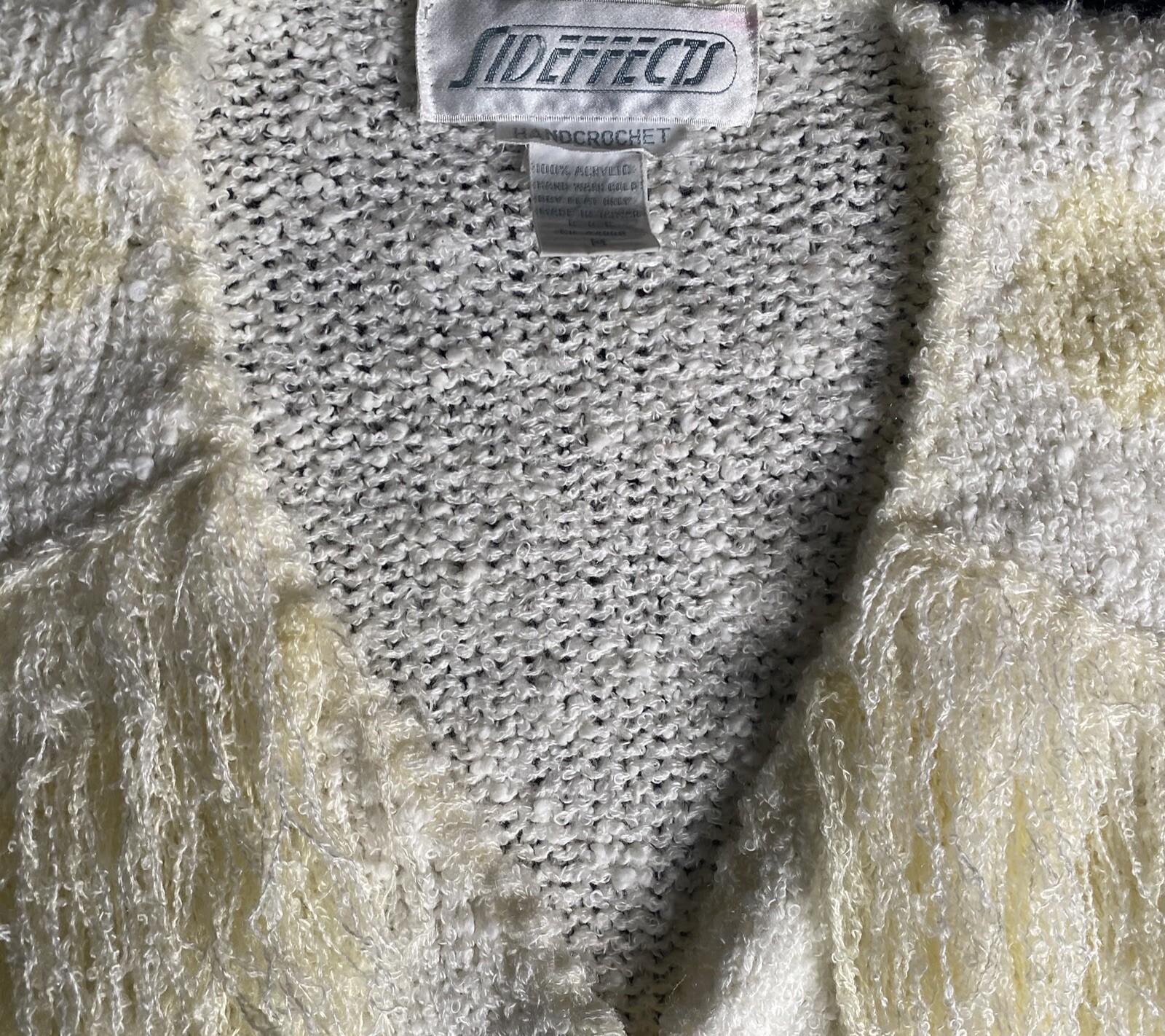 SIDE EFFECTS Hand Crocheted Women’s Vntg Fringe Sweater Sz M Cream & White