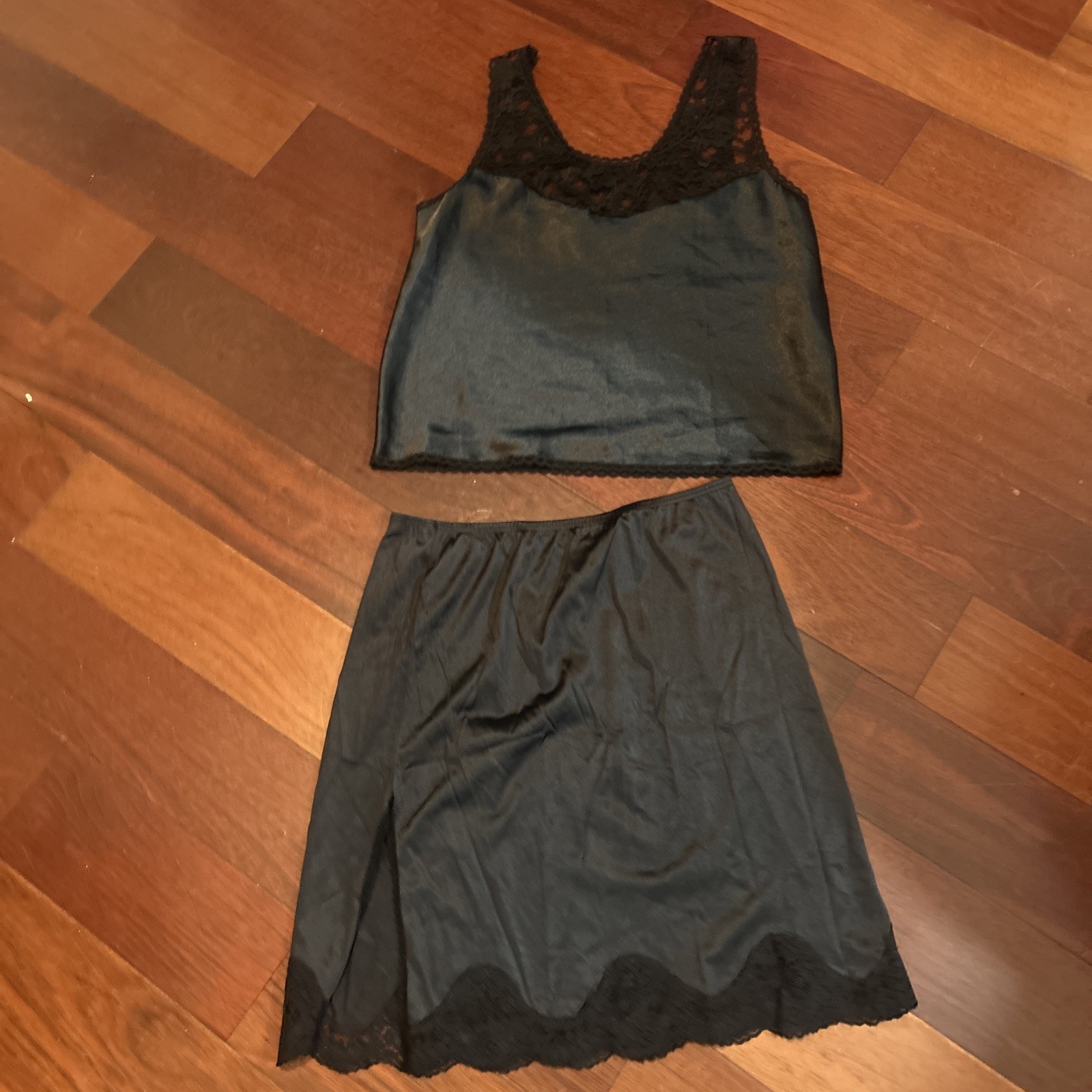 💖 VTG 60s Black Lingerie Camisole And Half Slip Set Sz M Lace Trim USA