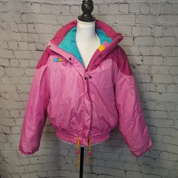 vintage 80s Robbe Magic pink ski snow jacket ladies womens colorblock bright