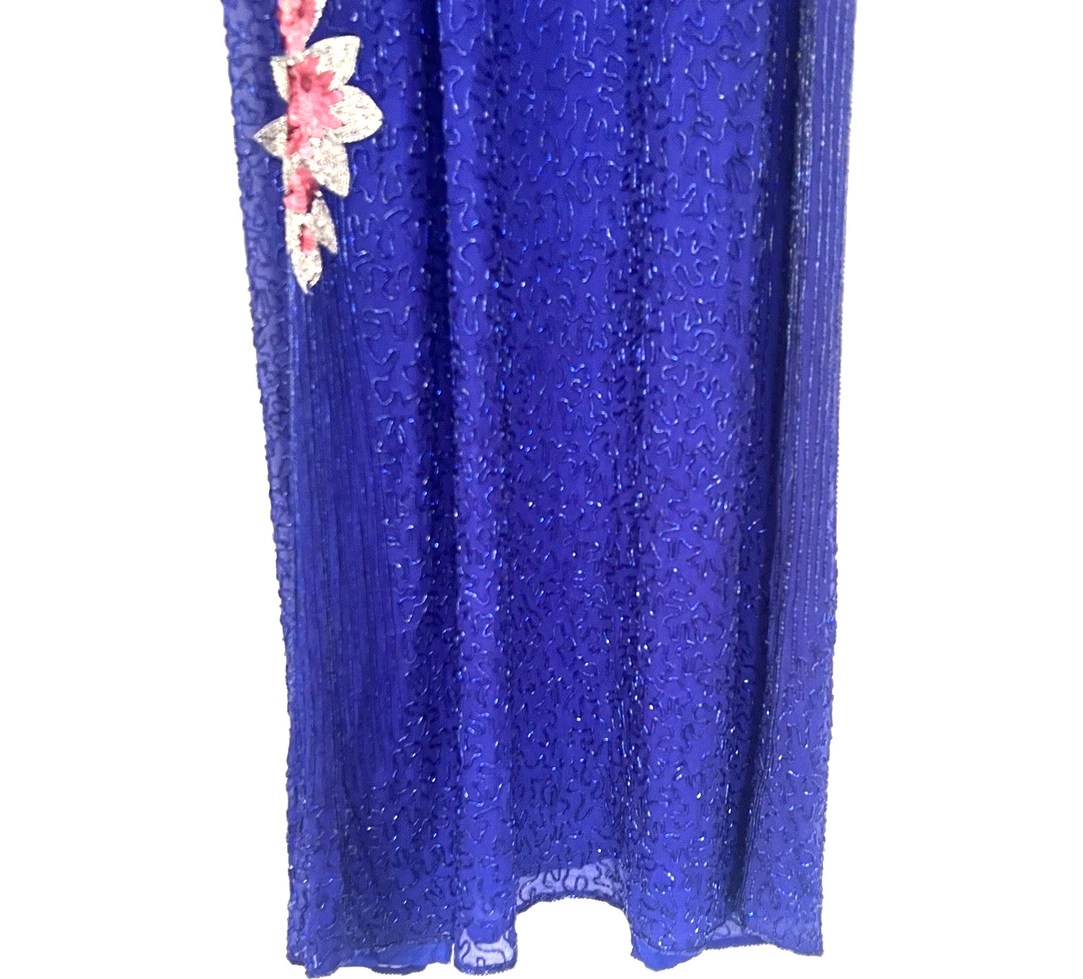 Vintage 80s Cobalt Blue Pink Silk Beaded Floral Maxi Duster Jacket Sequin