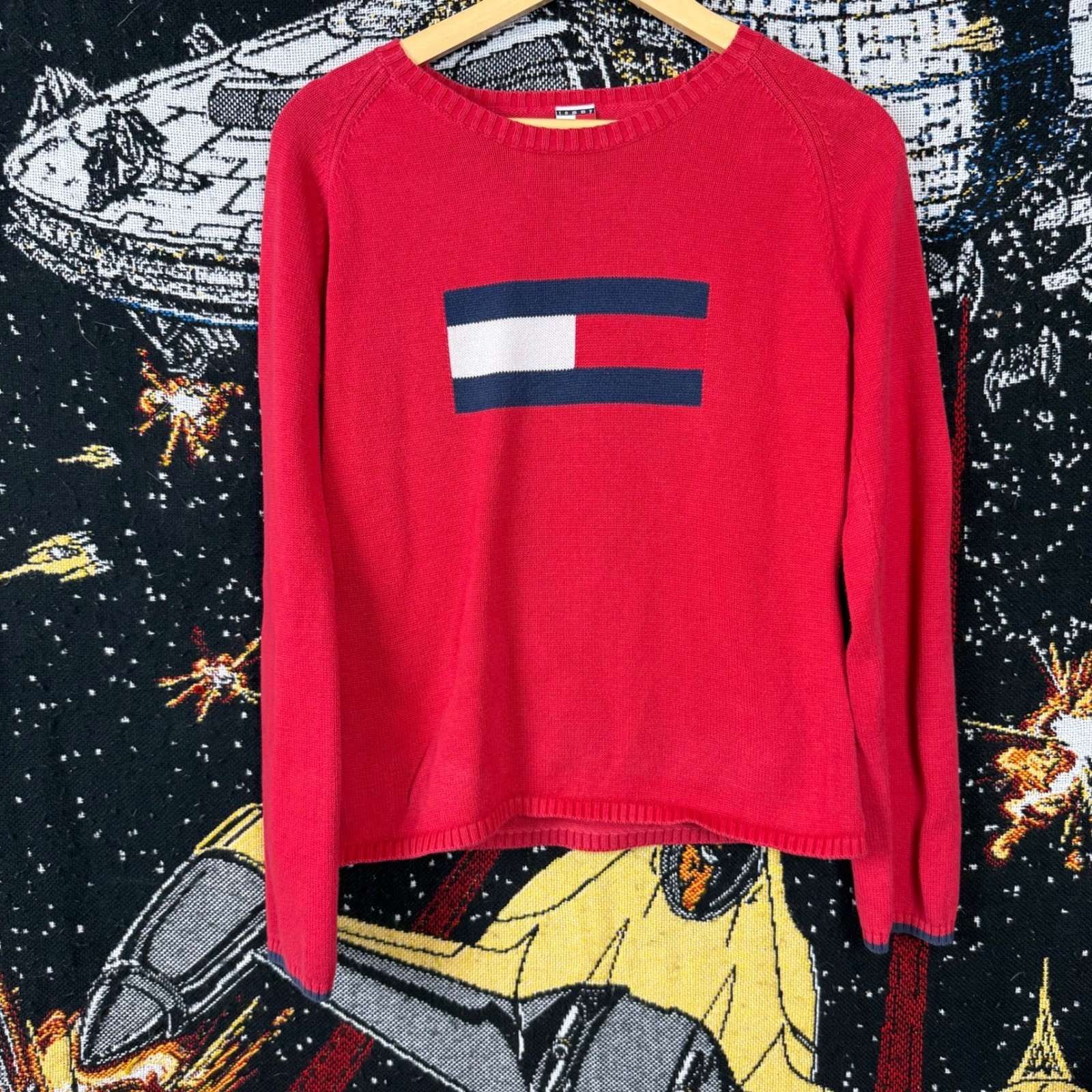 Vintage Tommy Jeans Red Flag Logo Knit Sweater XL Made in Japan Raglan Crewneck