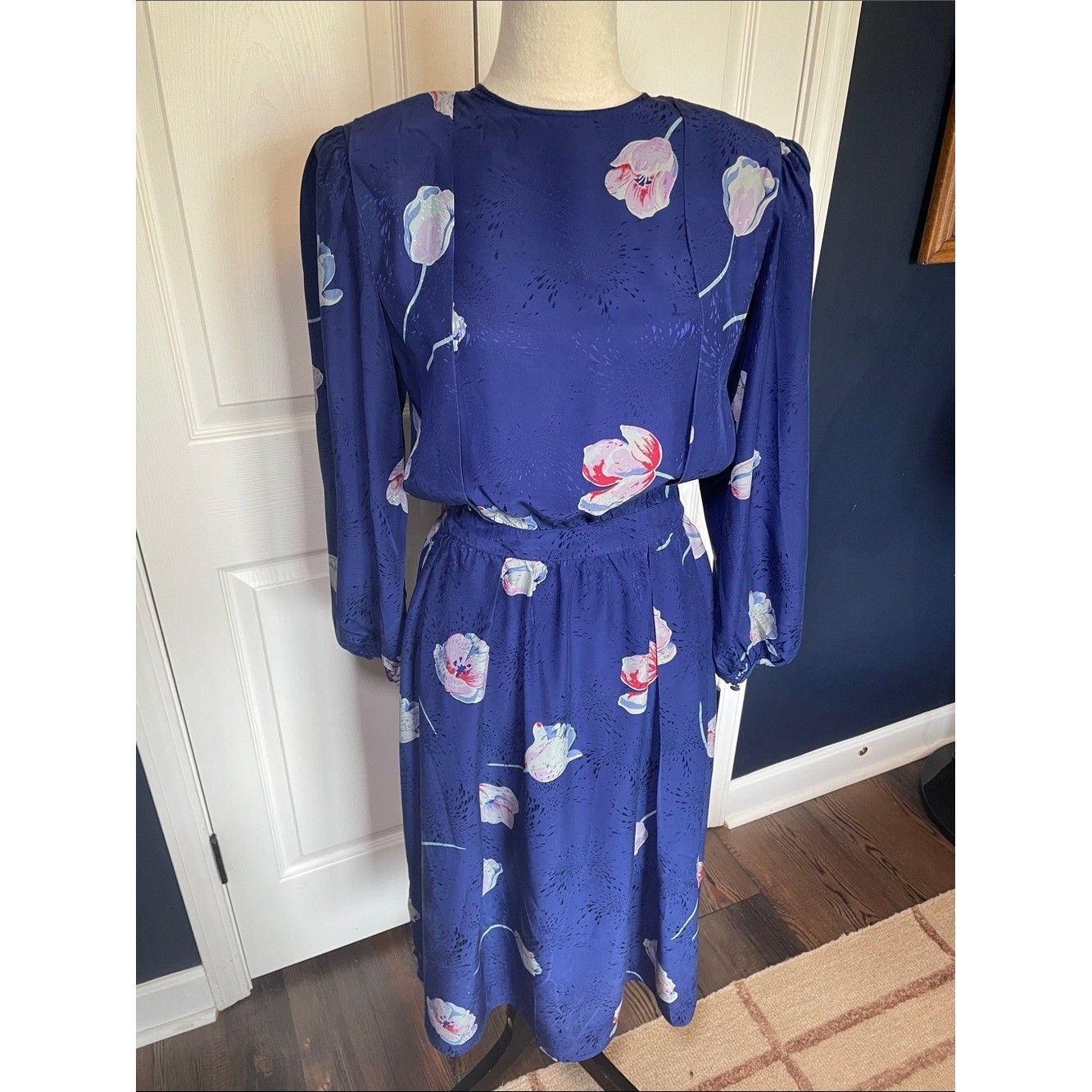 Vintage Silk Maggy London Royal Blue Floral Midi Dress Pastel Blooms Size 8