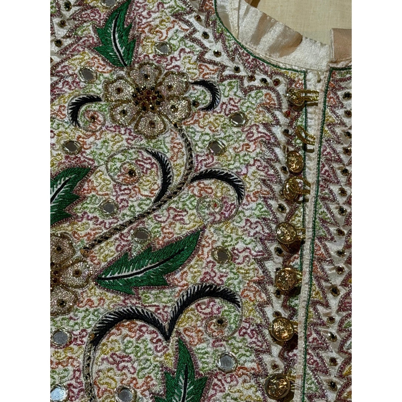 Vintage Embroidered Mirror Work Satin Blouse Champagne Gold Crest Button Top