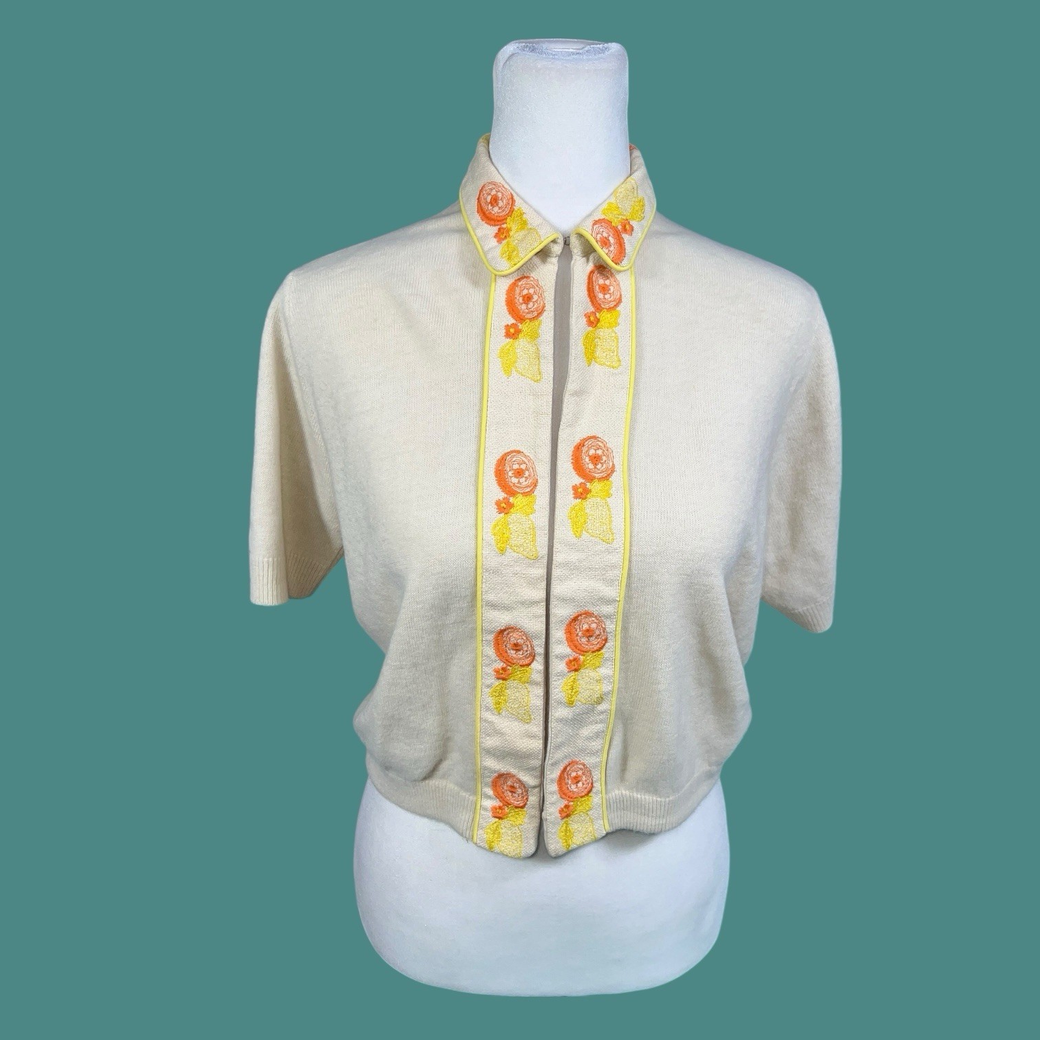 CITRUS FRUIT SALAD KNIT SWEATER ART DECO SWING ROCKABILLY VTG MCM MOD CARDIGAN