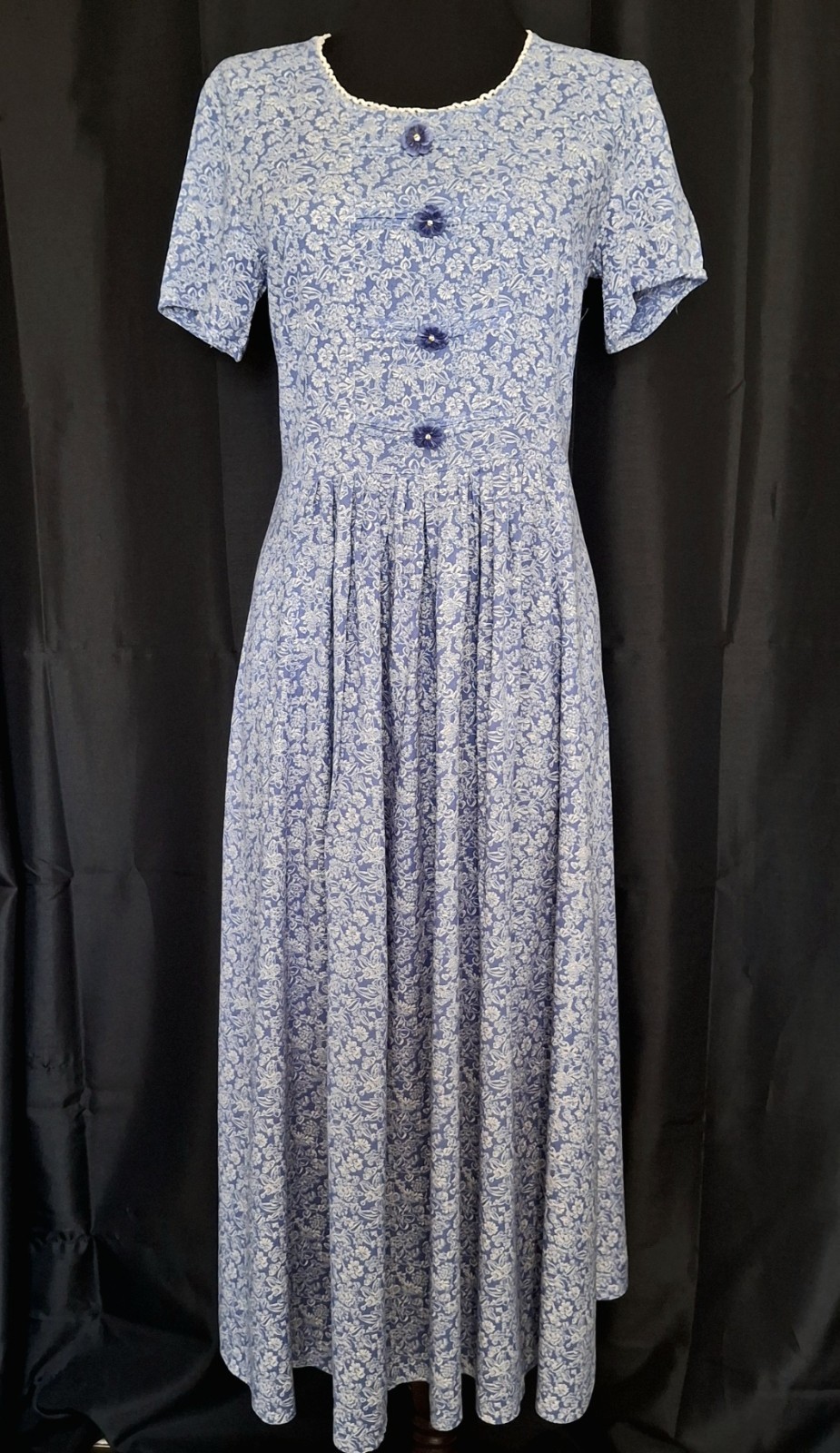 Vtg 90s blue floral Tie Back midi Dress Cottage Prarie Modest romantic Sz S