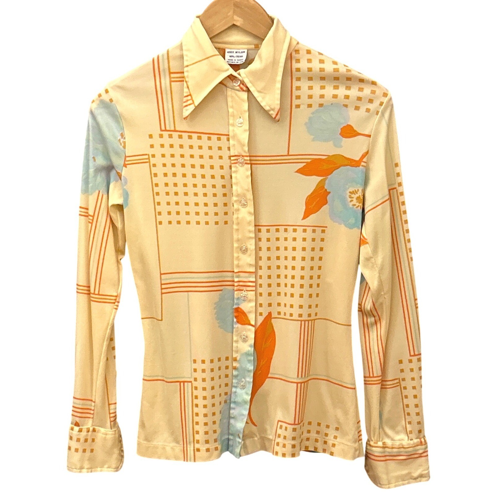 70s Vintage Nylon Button Up Shirt Disco Mod Geometric Floral Retro Boho Groovy