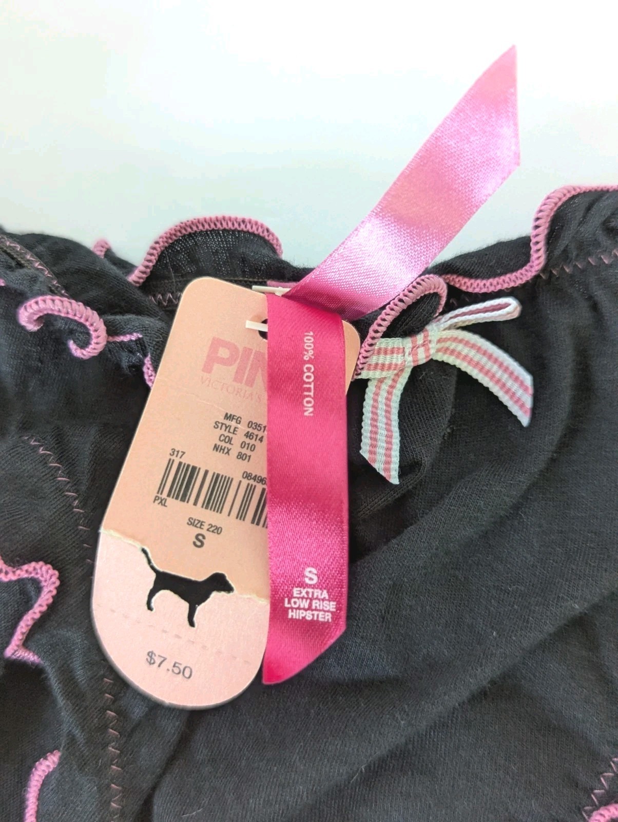 Vintage Victoria Secret Love Pink Hipster Panty Black Extra Low Rise Dog NWT