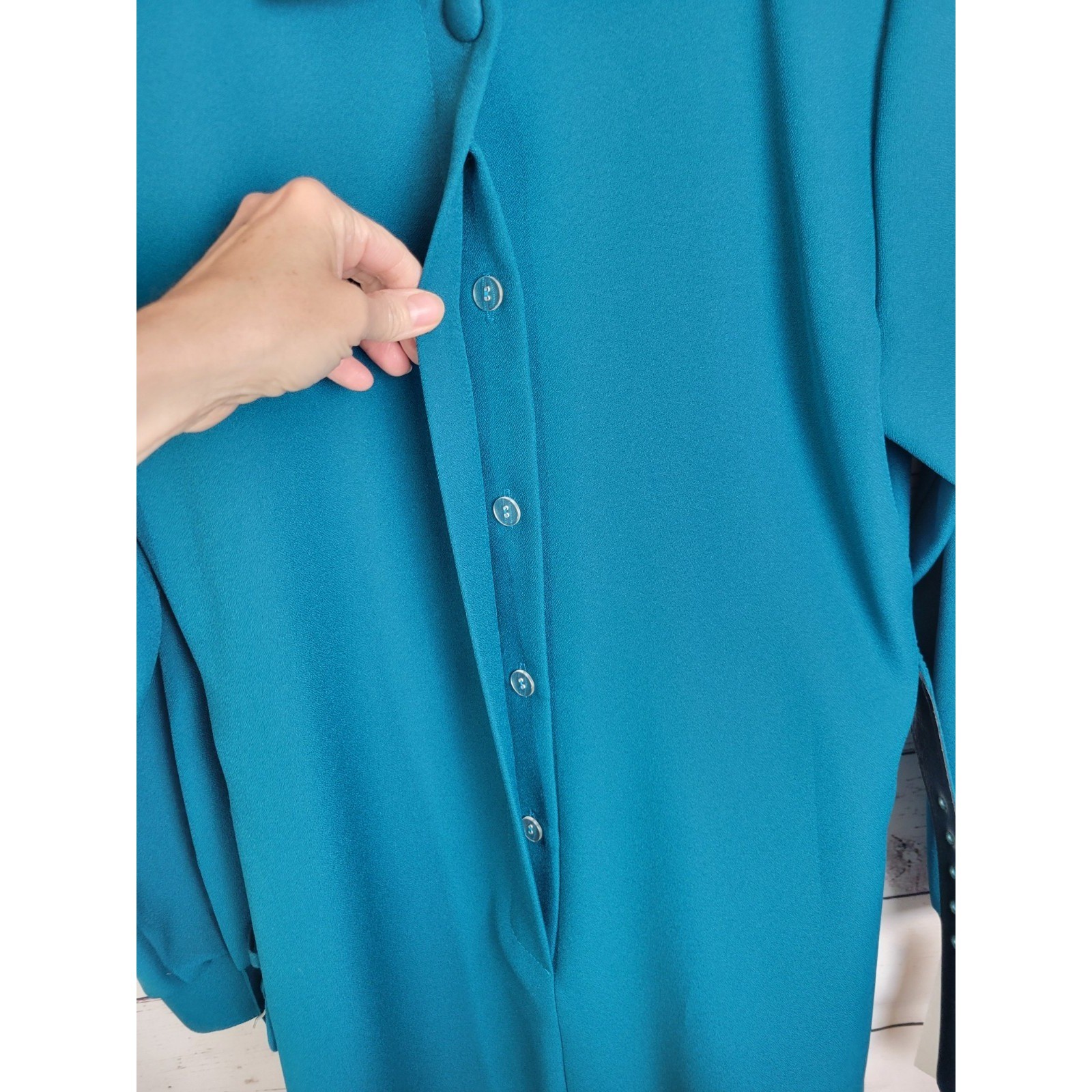Vtg Nancy II Midi Dress 80s Minimalist Belted Long Sleeve Modest Teal Blue 10