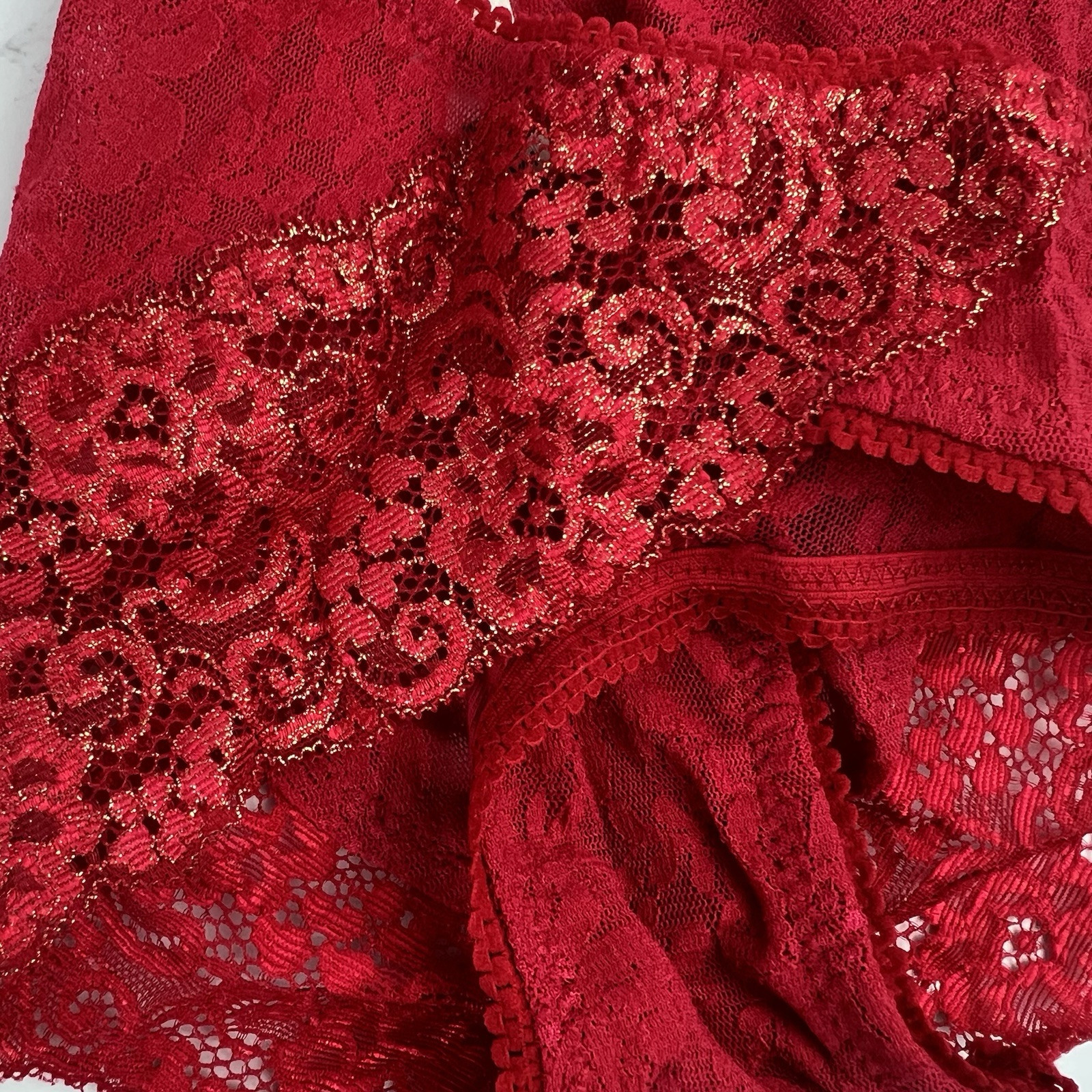 Vintage Soma Panties Size Medium Sheer Nylon Lace High Cut Cheeky Bikini Red