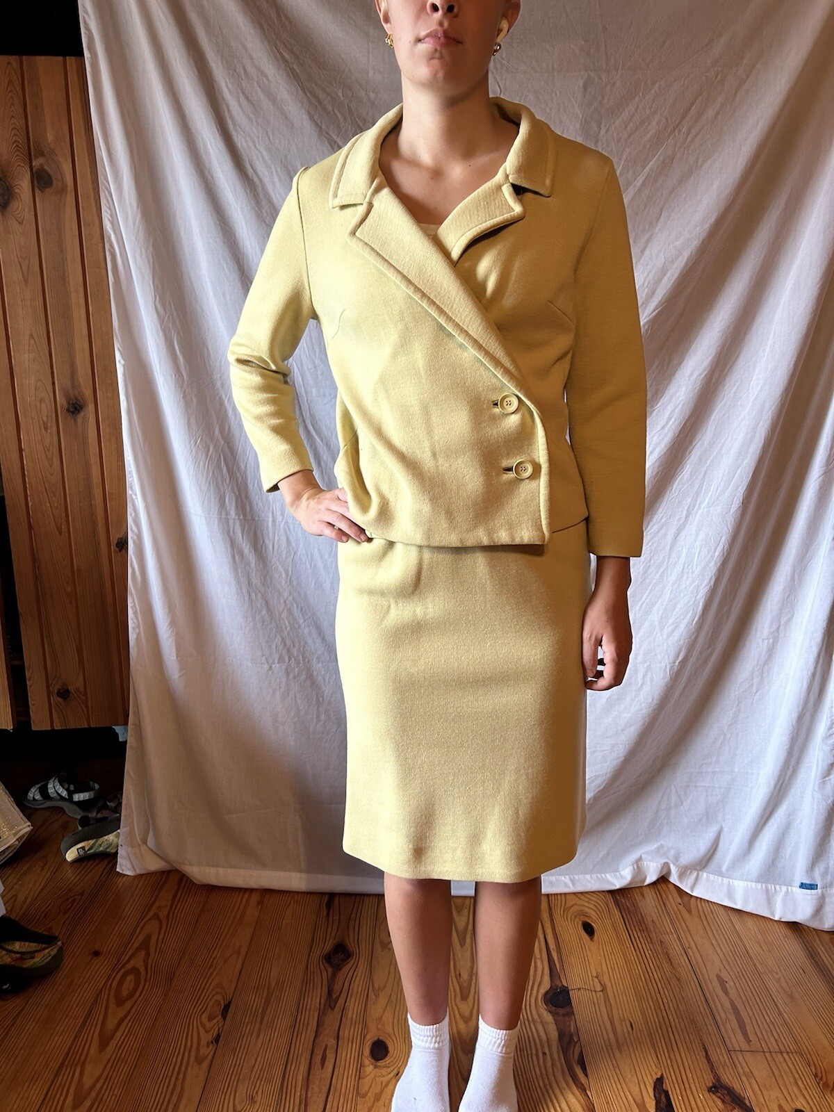 Striking Vintage 50s 100% Wool Butter Yellow Dress & Jacket Set 1950s Dress Suit