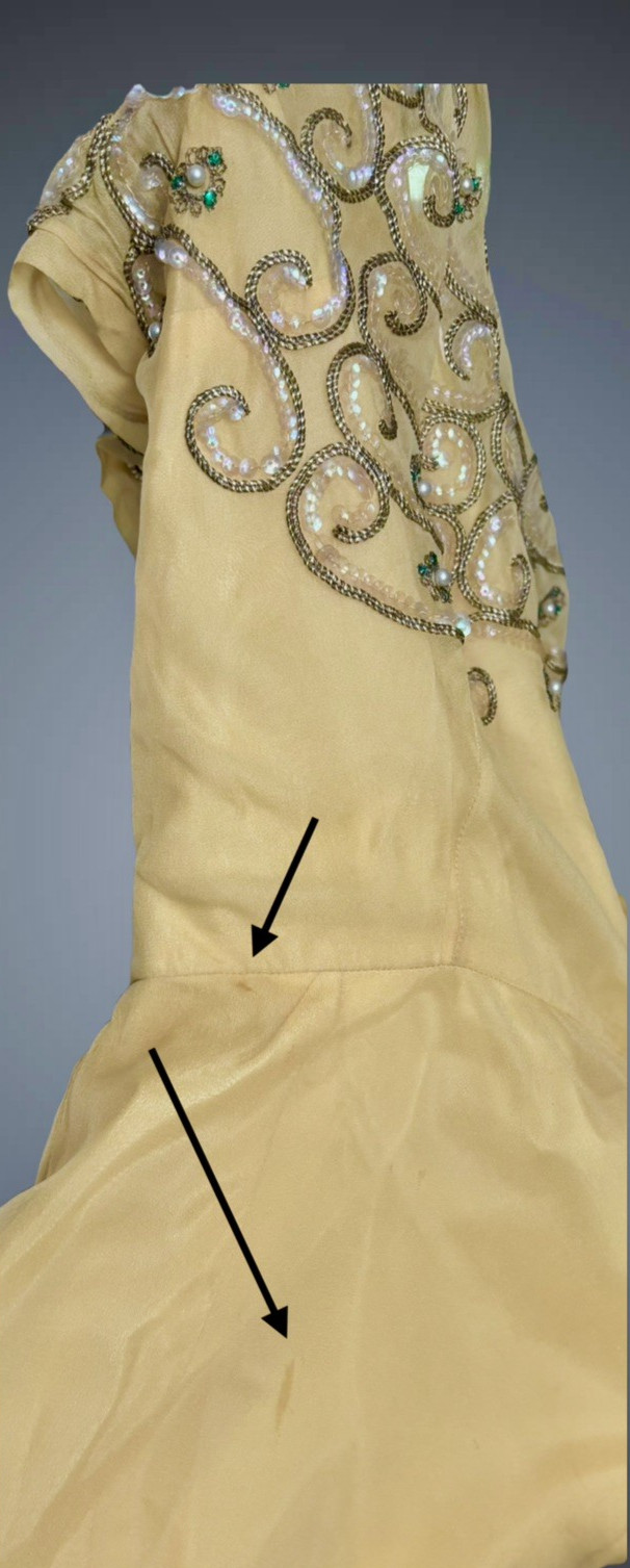 Vintage 40s Goldenrod Silk Chiffon Evening Gown Rhinestones, Sequins, Gold Cord