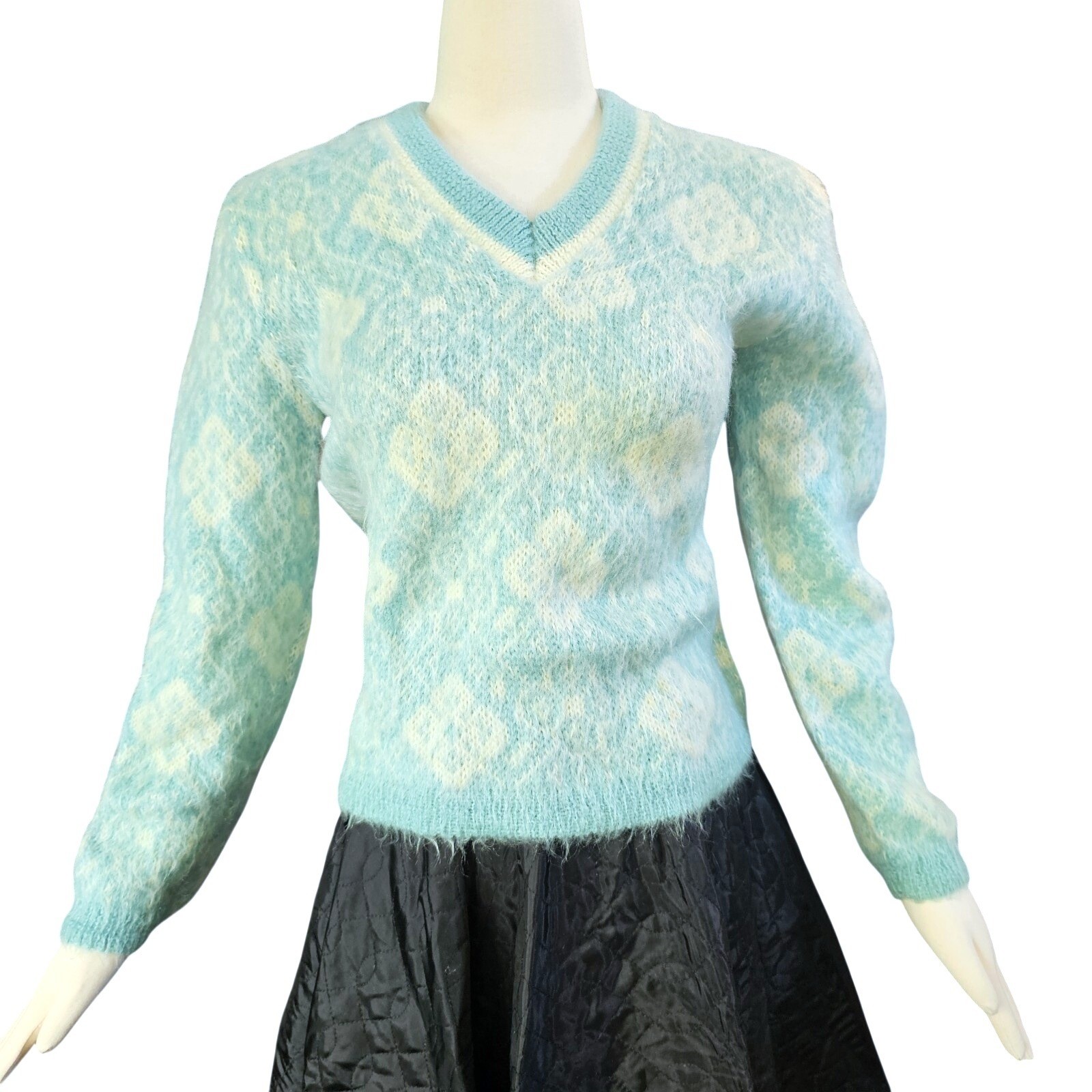 Vintage 1960s Icey Blue Mohair Sweater Wool Fuzzy V neck Rare Collectors Sabra