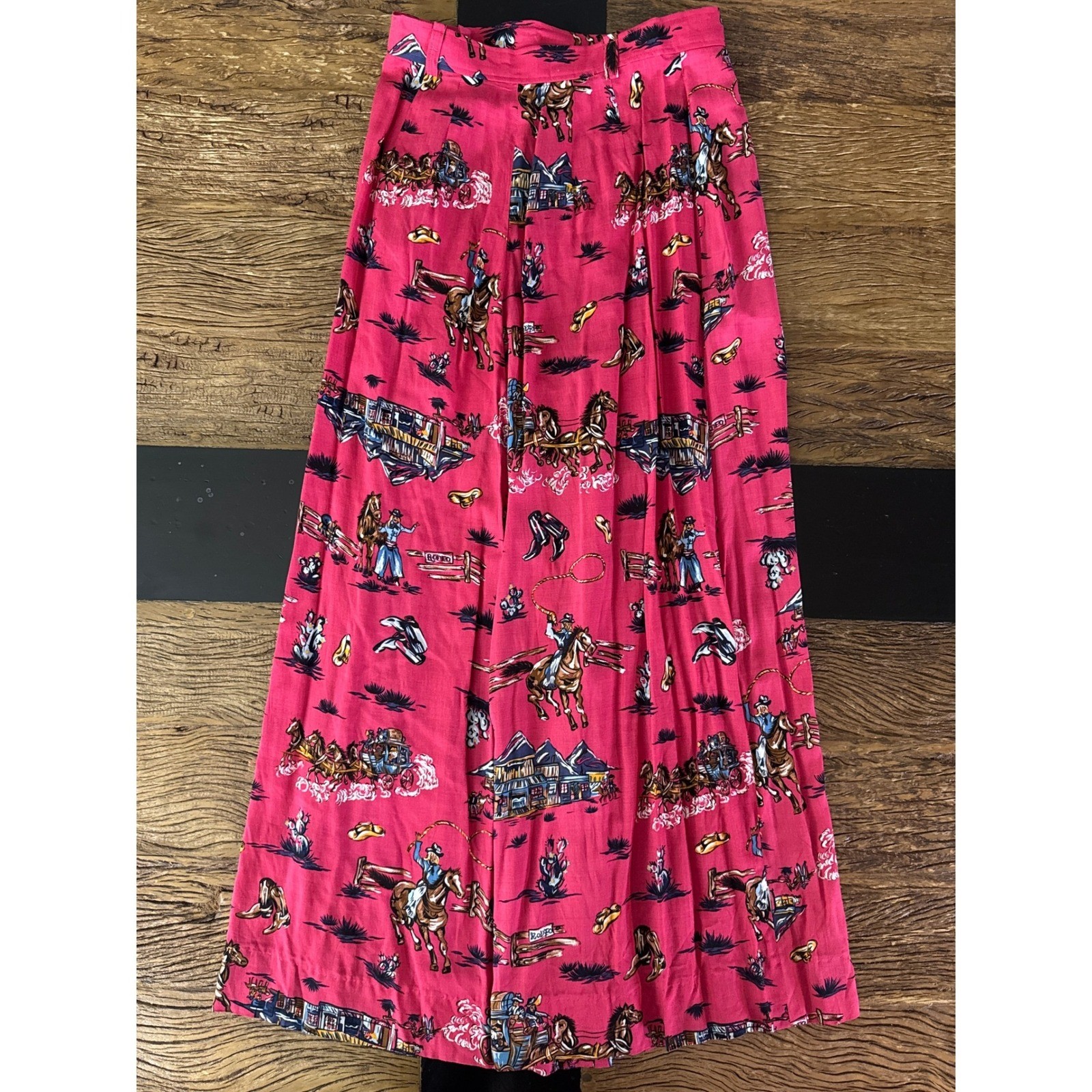 Vintage 90s Western Rodeo Horse Cowboy Print Pink Midi Skirt Womens M