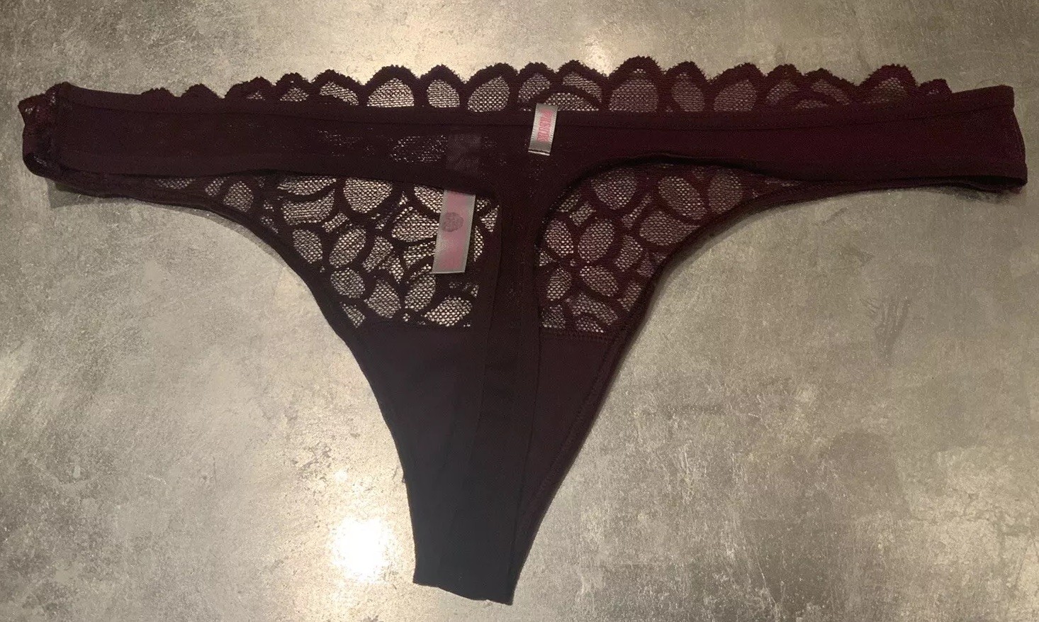 Vtg Victoria’s Secret Pink L Wine Lace Bikini Thong String Panties Panty
