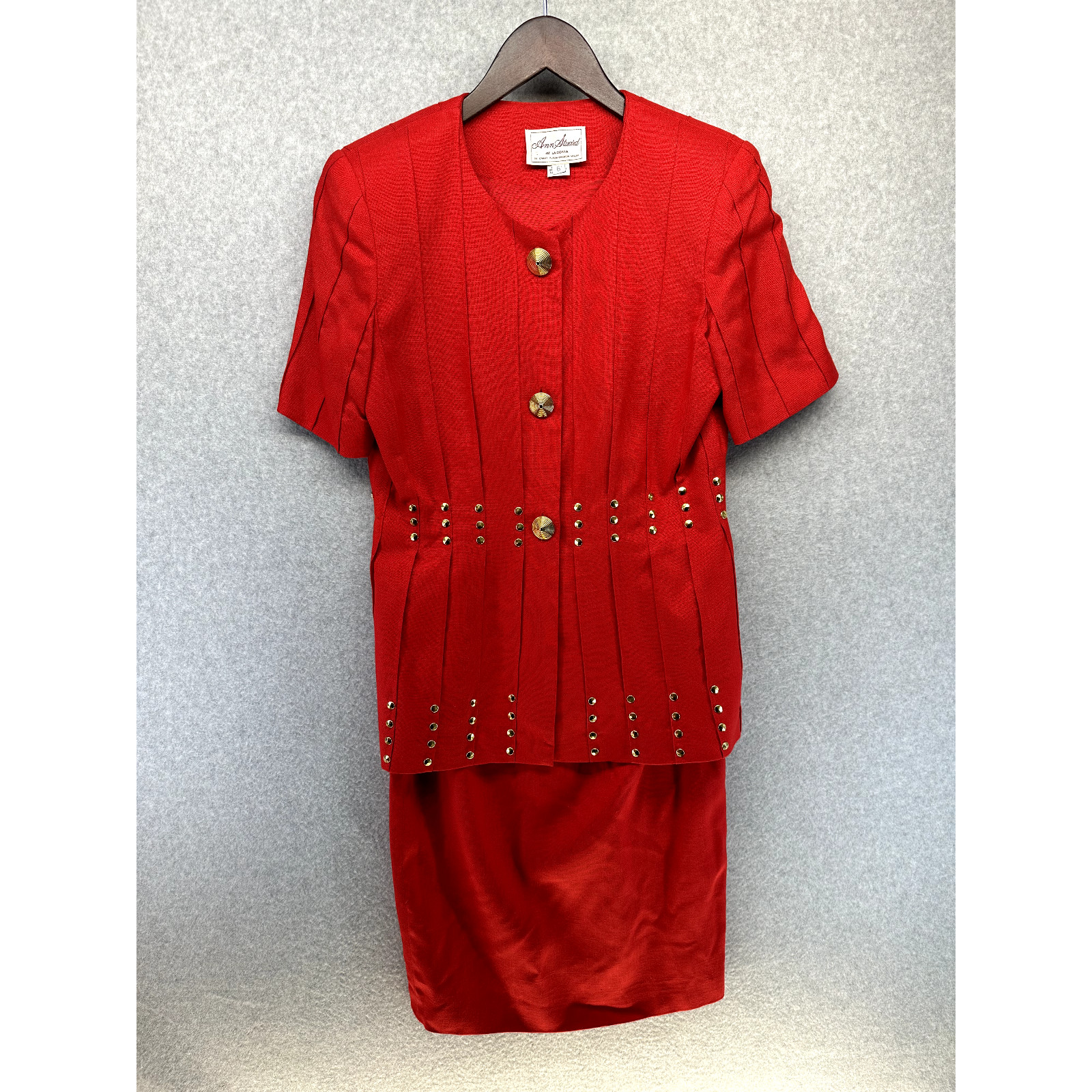 Vintage Ann Stuard Womens Suit 2-Piece Skirt Blouse Set Red Size 6 at La Costa