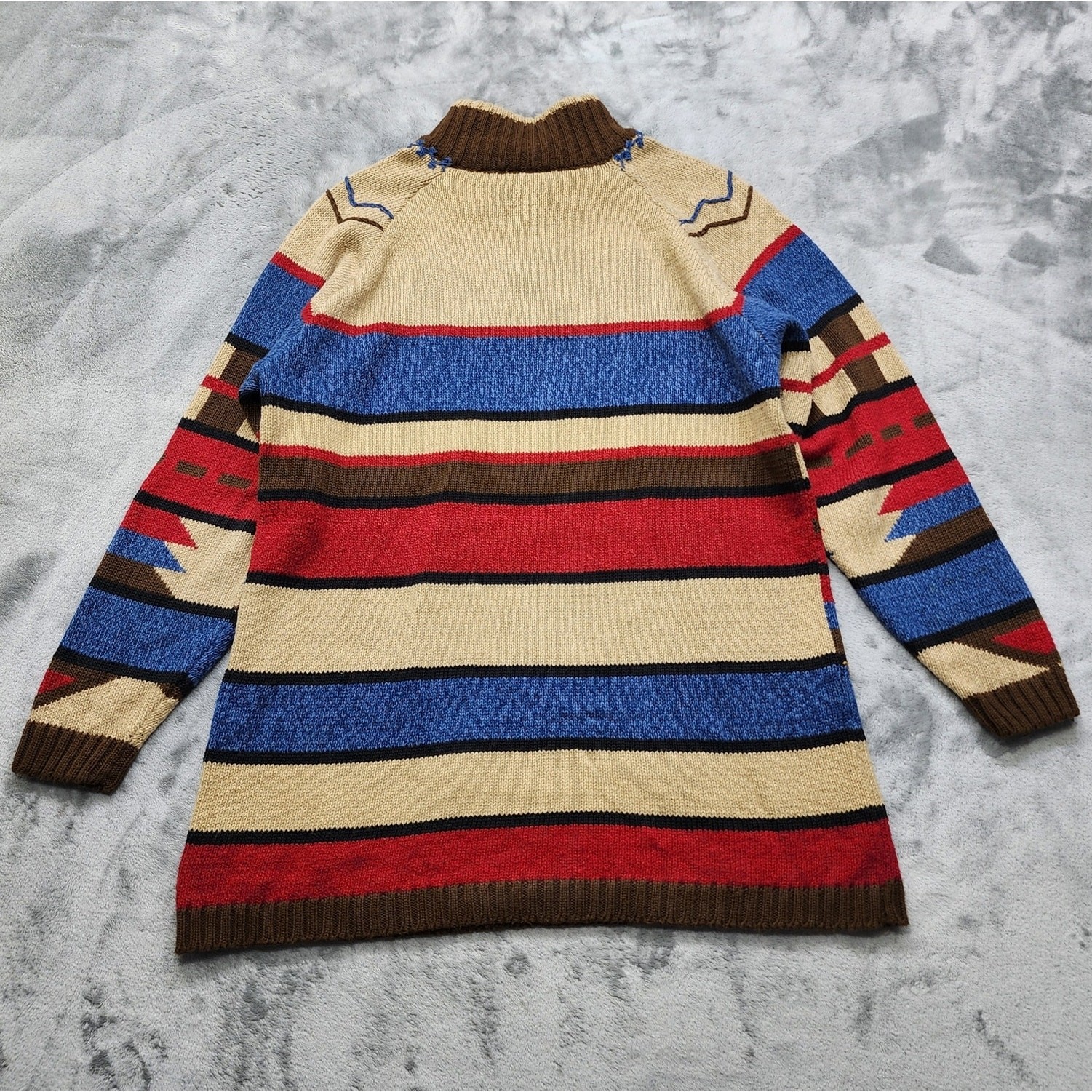 Vintage Lizsport Sweater Women S Geometric Southwest Mock Neck Tunic Wood Beaded