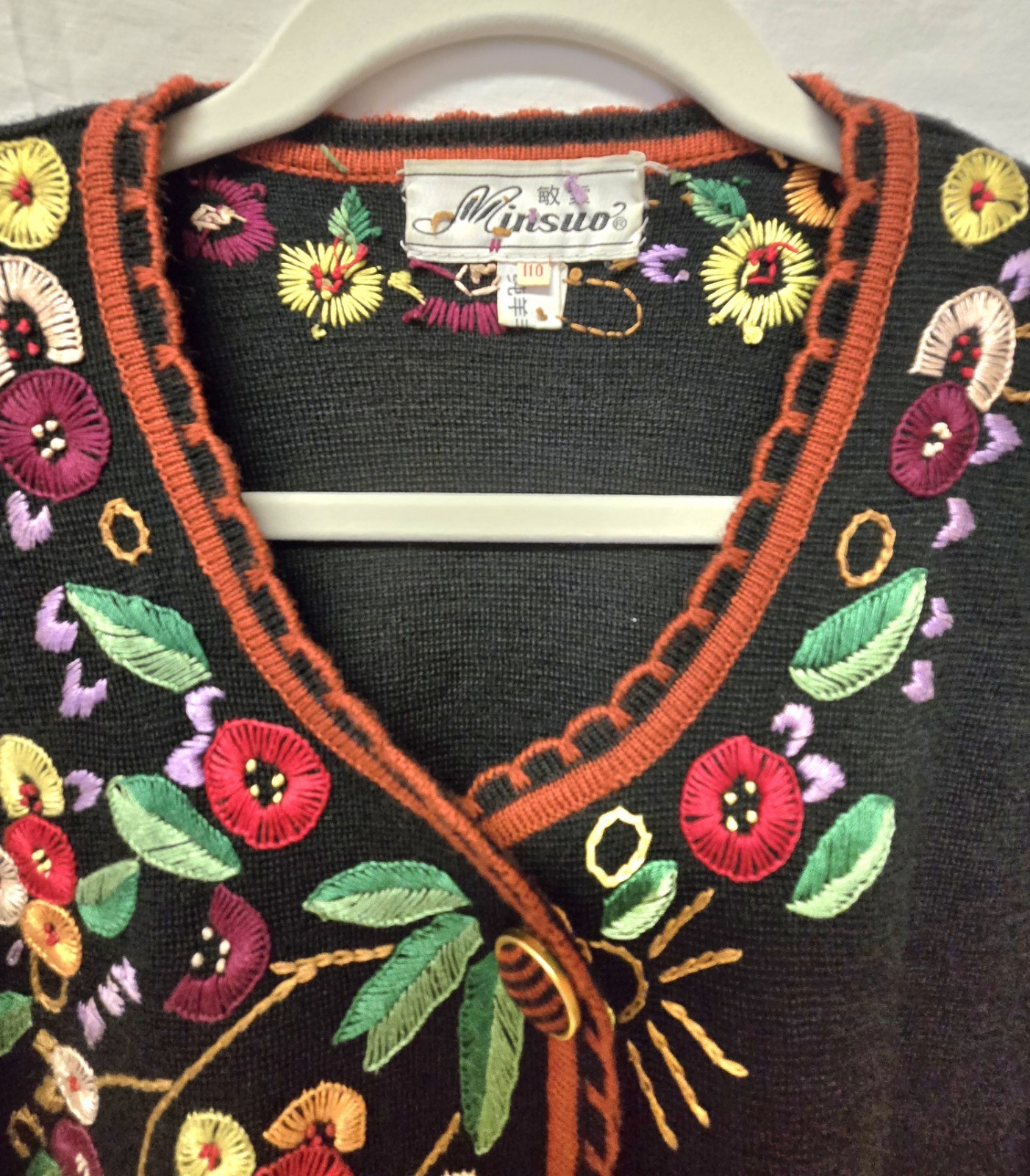 Vintage Floral Hand Embroidered Wool Blend Cardigan Sweater Boho Granny Core L