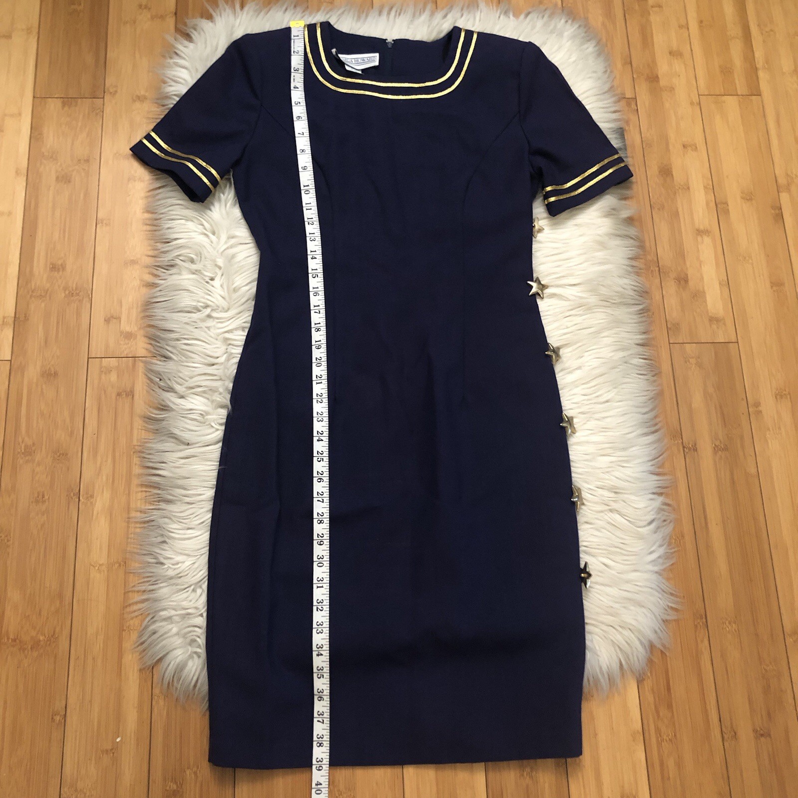 Jessica Howard Sailor Nautical Stars Linen Navy Gold Trim Sheath Dress size 6