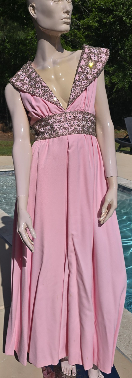 Vintage 1960-70s Mike Benet Formals Beaded Pink Chiffon Gown, Sz 12 Original Tag