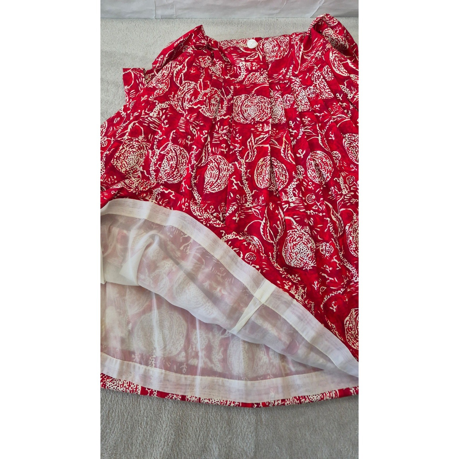 Vintage i Magnin Fit Flare Midi Dress Red Pomegranate Print Made France Size M