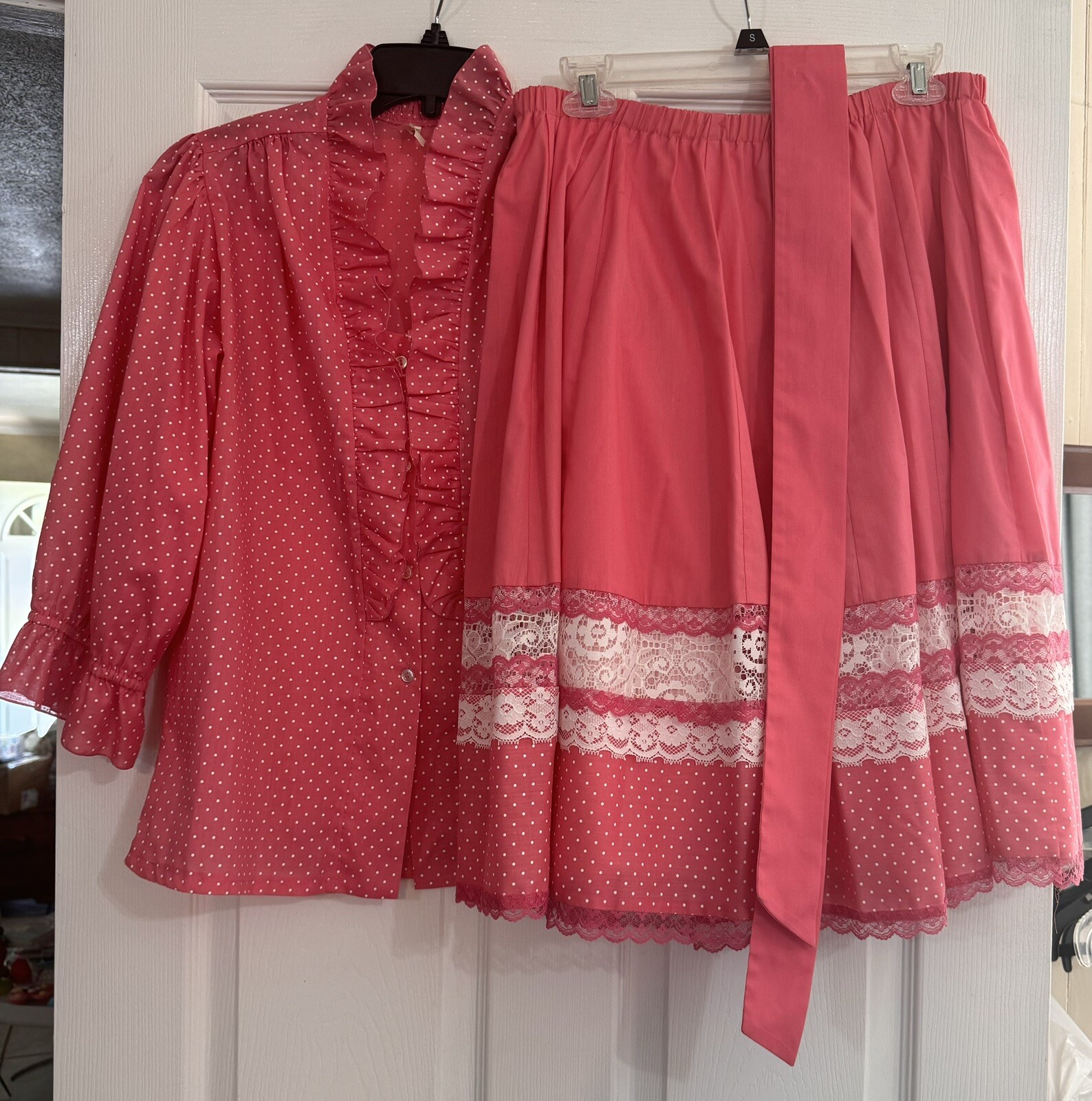 Vtg 70s Pink Polkadot Blouse & Skirt Little House Creations Carefree Creations