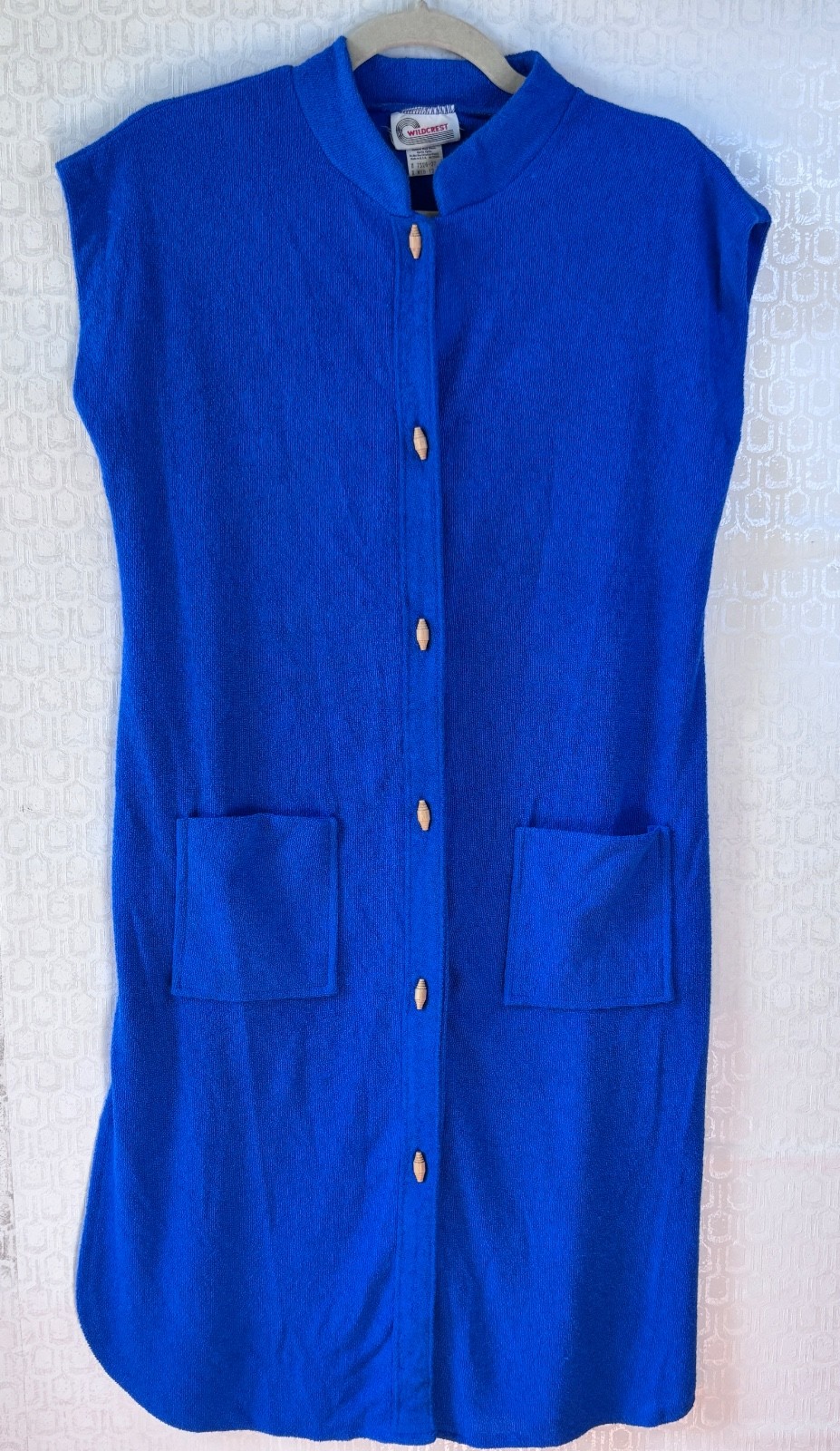 VTG 70’S WILDCREST BLUE TERRYCLOTH LOUNGE COVER-UP TUNIC MUMU POCKET DRESS*S/M