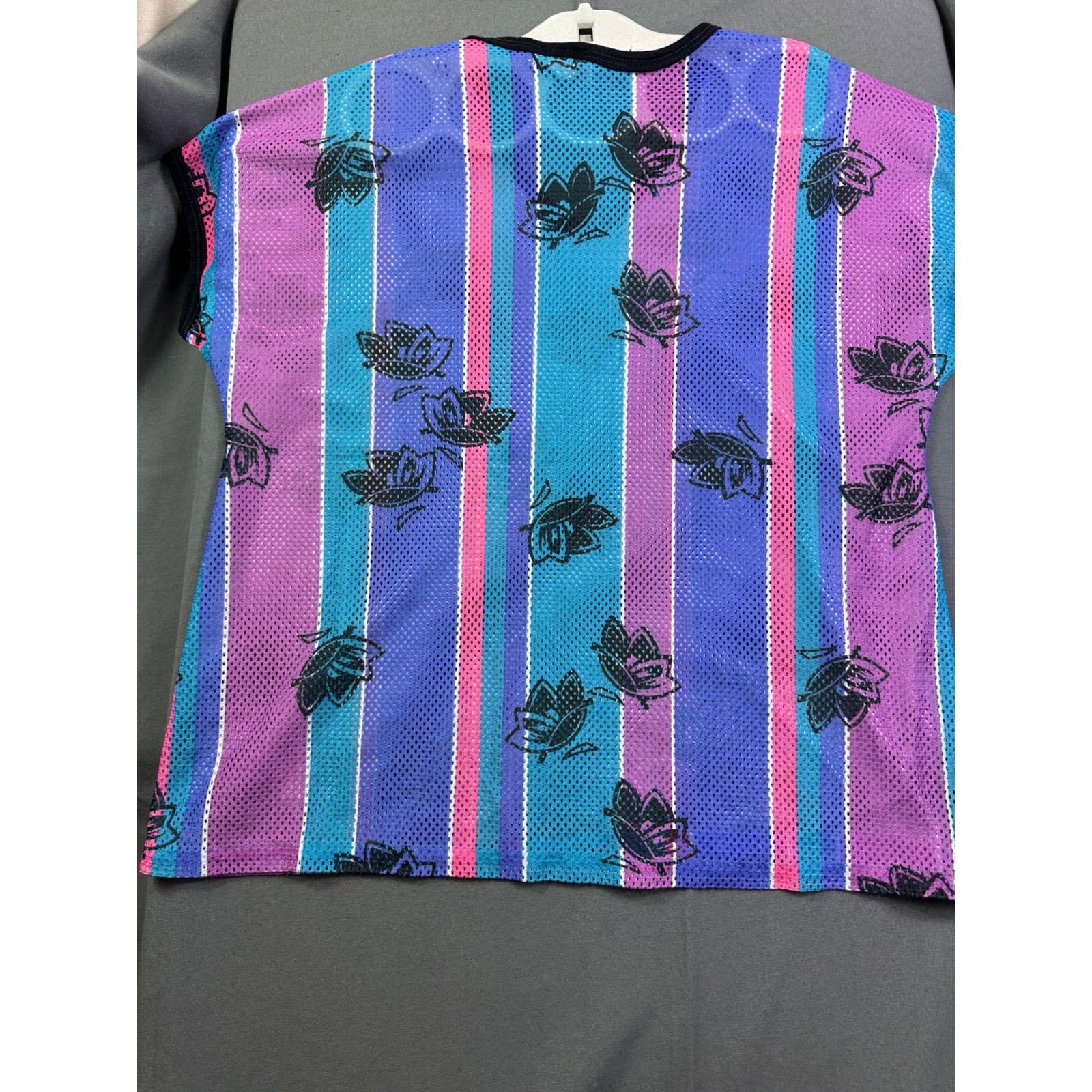 Vintage Julie Girl Mesh Butterfly Stripe V-Neck Top Made in USA Retro 90s Teal