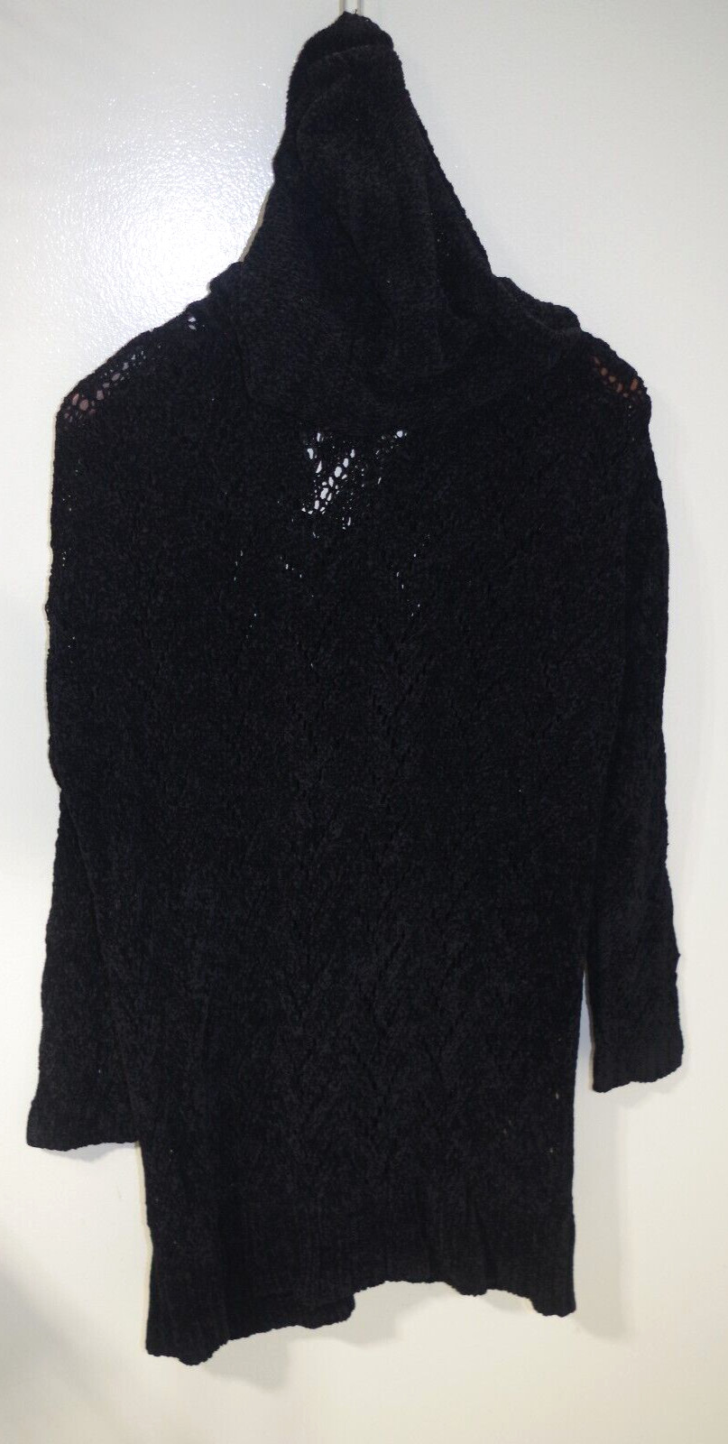 C22 NWT Bonnie Strauss Hoodie Long Cardigan Black Chenille Openwork Knit Coat