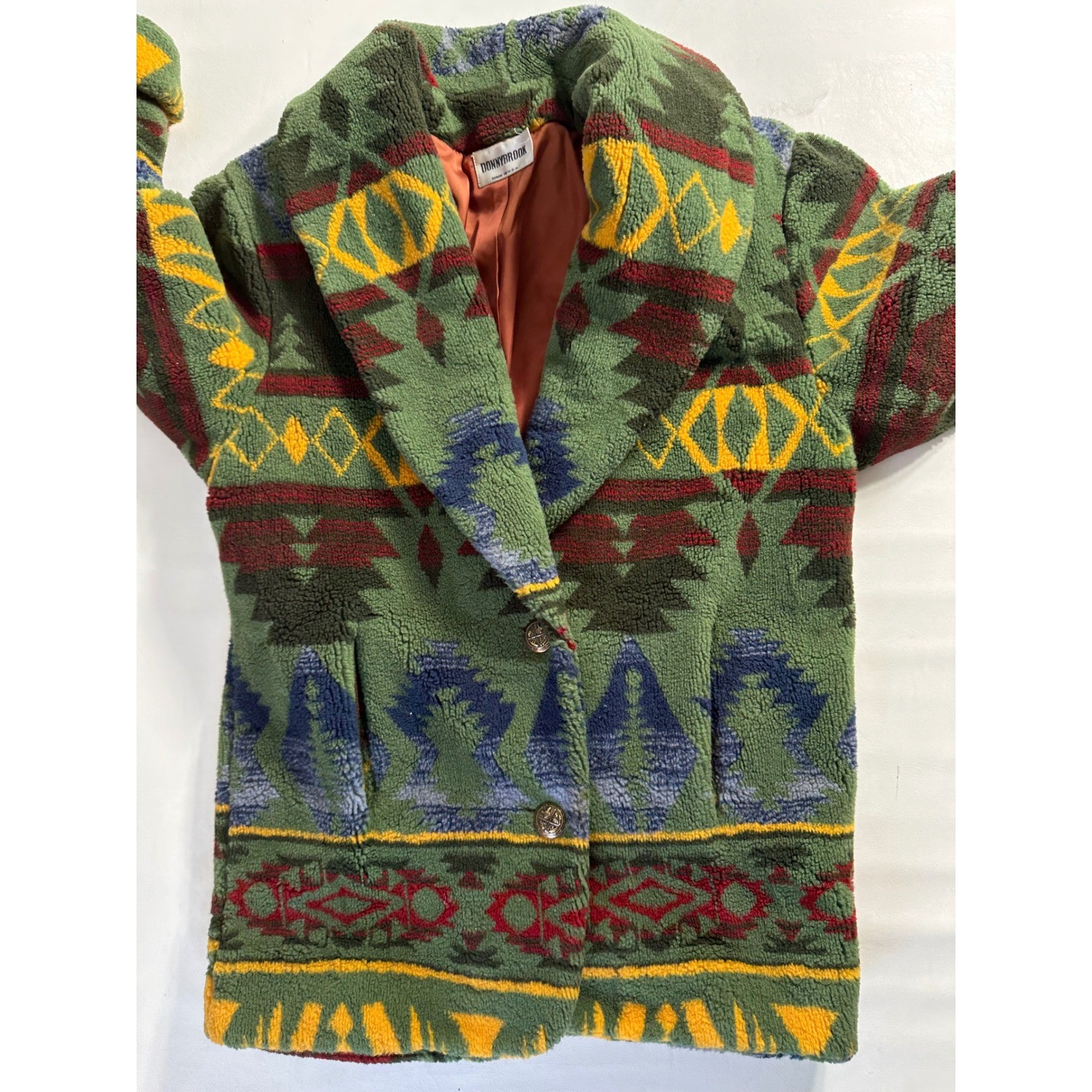 Donnybrook Vintage Southwestern Faux Fur Sherpa Jacket Green Aztec Made in USA
