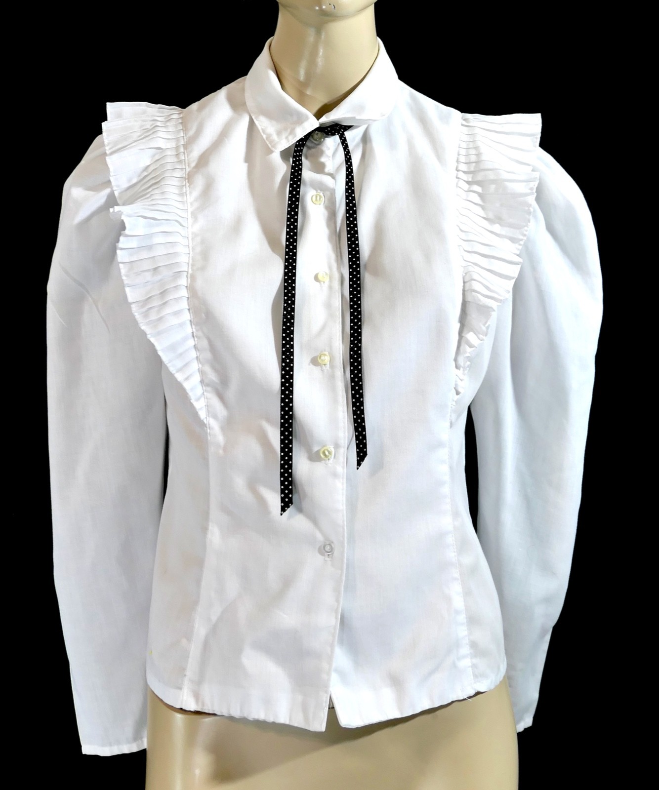 Vintage 70s White Cotton Pleated Ruffle Victorian Blouse Top Ribbon Ascot S M