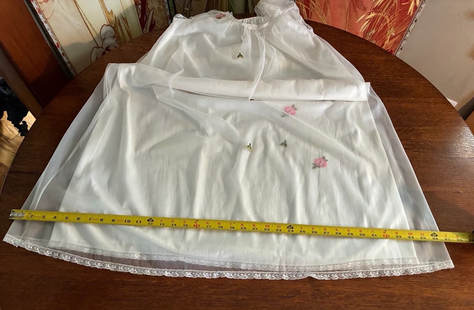 Vintage White Laros Nylon Nightgown Flower Appliqués Size Med Cut # 125