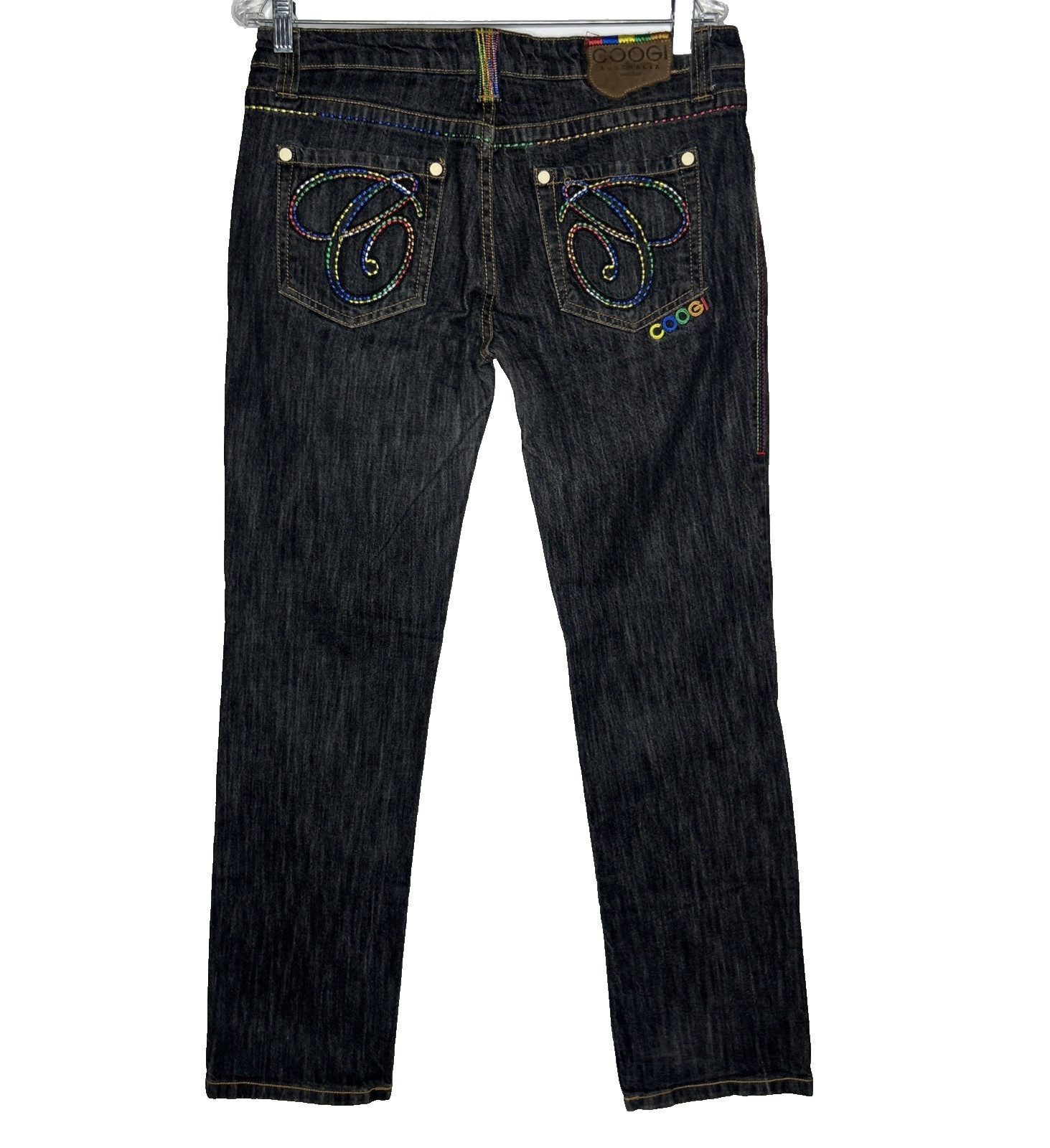 VTG Coogi Australia Dark Wash Jeans Sz 13/14 Straight Leg Rainbow Y2K Embroidery