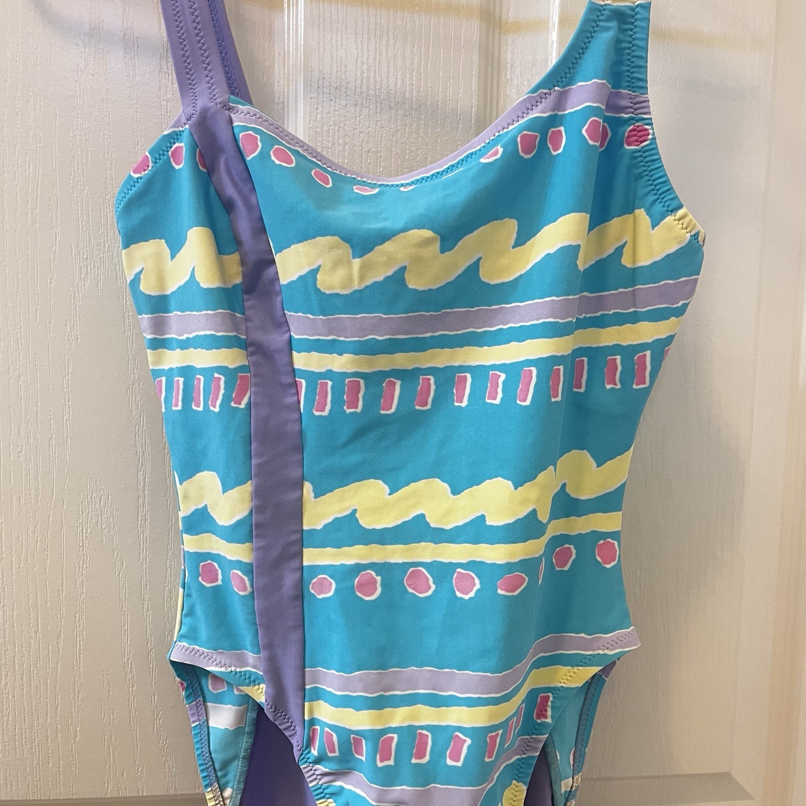 Vintage JAG One Piece Swimsuit Aqua Purple Pastel Abstract High Cut 80s Size 10