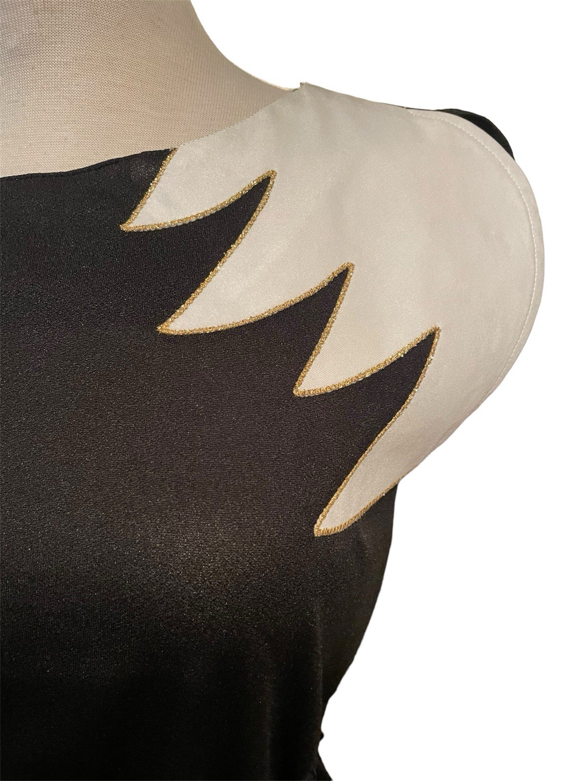 Vintage 1990’s 1980’s Black & White Geometric Color Block Mini Dress Gold Trim
