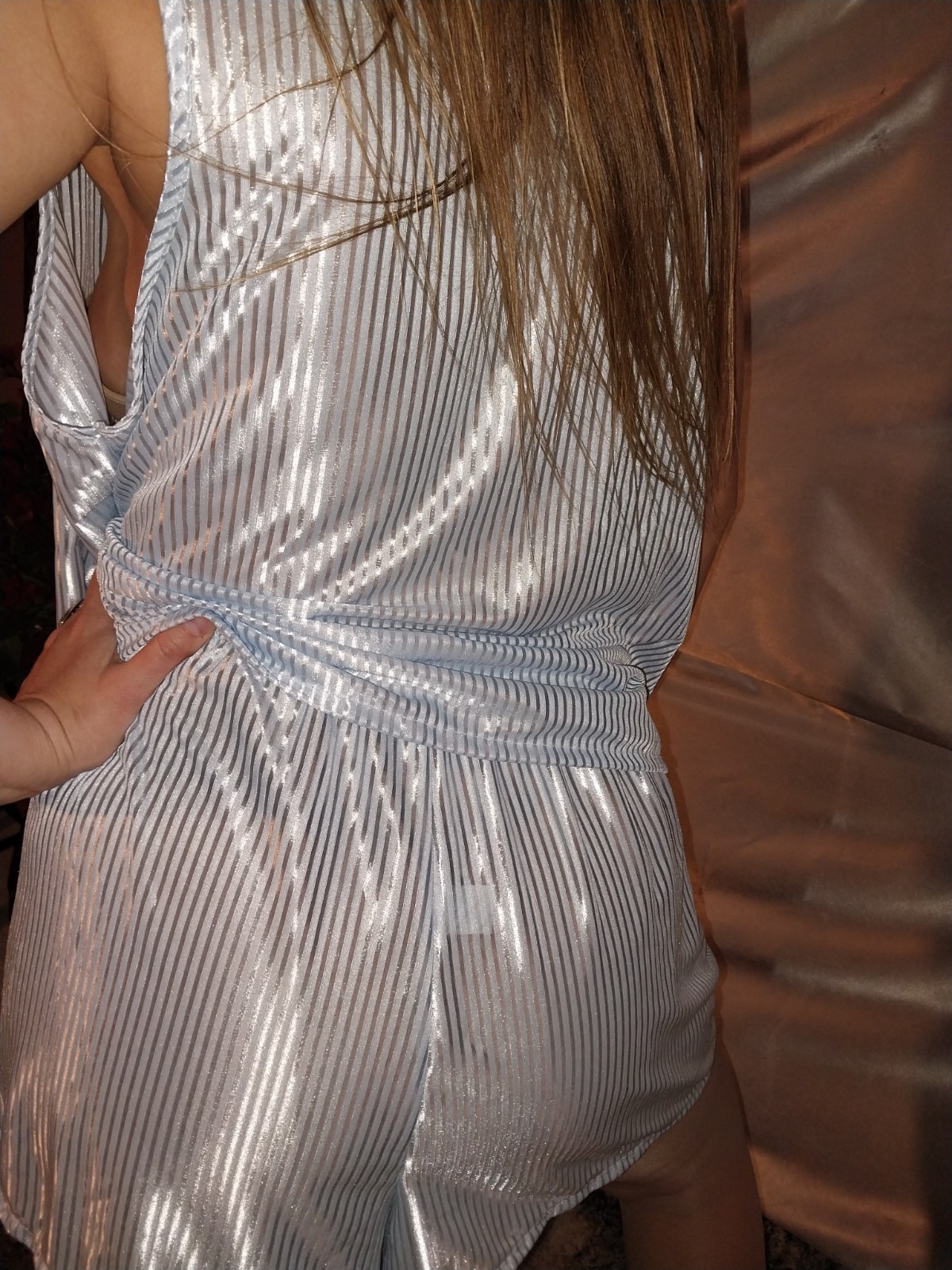 VTG SILKY BABY BLUE SHINY STRIPES LACE PANTIES BLOOMERS BLOUSE SLEEP SHIRT 48″