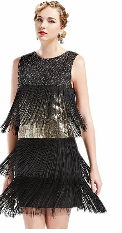 NWT BABEYOND 1920s Gatsby Flapper Dress Long Fringe Beaded Black Gold Large