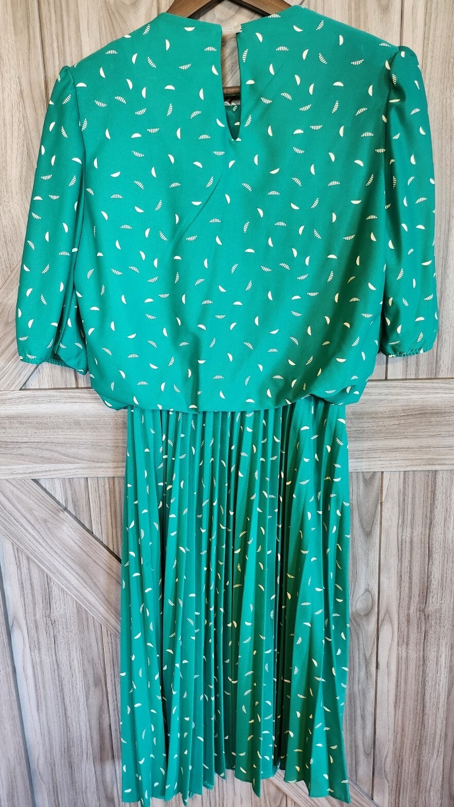 KR of NY VTG 80’s Women Kelly Green 3/4 Sleeve Blouson Pleated Bottom Dress 9/10