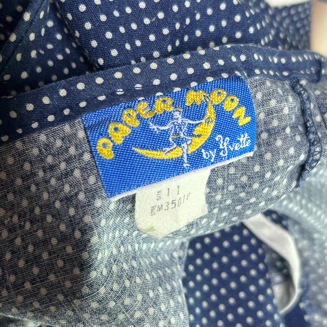 Vintage 70s Paper Moon by Yvette Tiered Layered Polka Dot Midi Dress Blue Beach