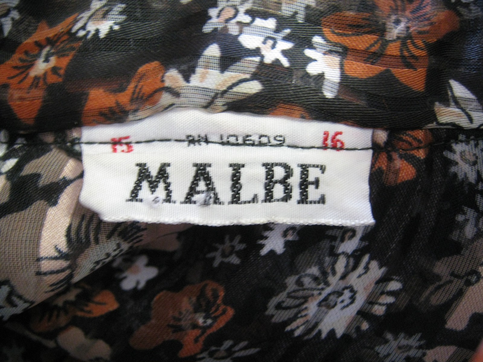 VTG Malbe Blouse Size 15 / 16 Floral Print Sheer Stripe Ruffled Collar Top