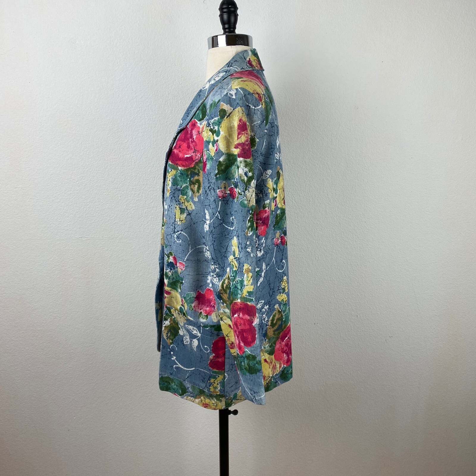 90s Y2K Danielle B Blue Woman 12 Floral Blazer Rayon Flax Cottagecore Career Art