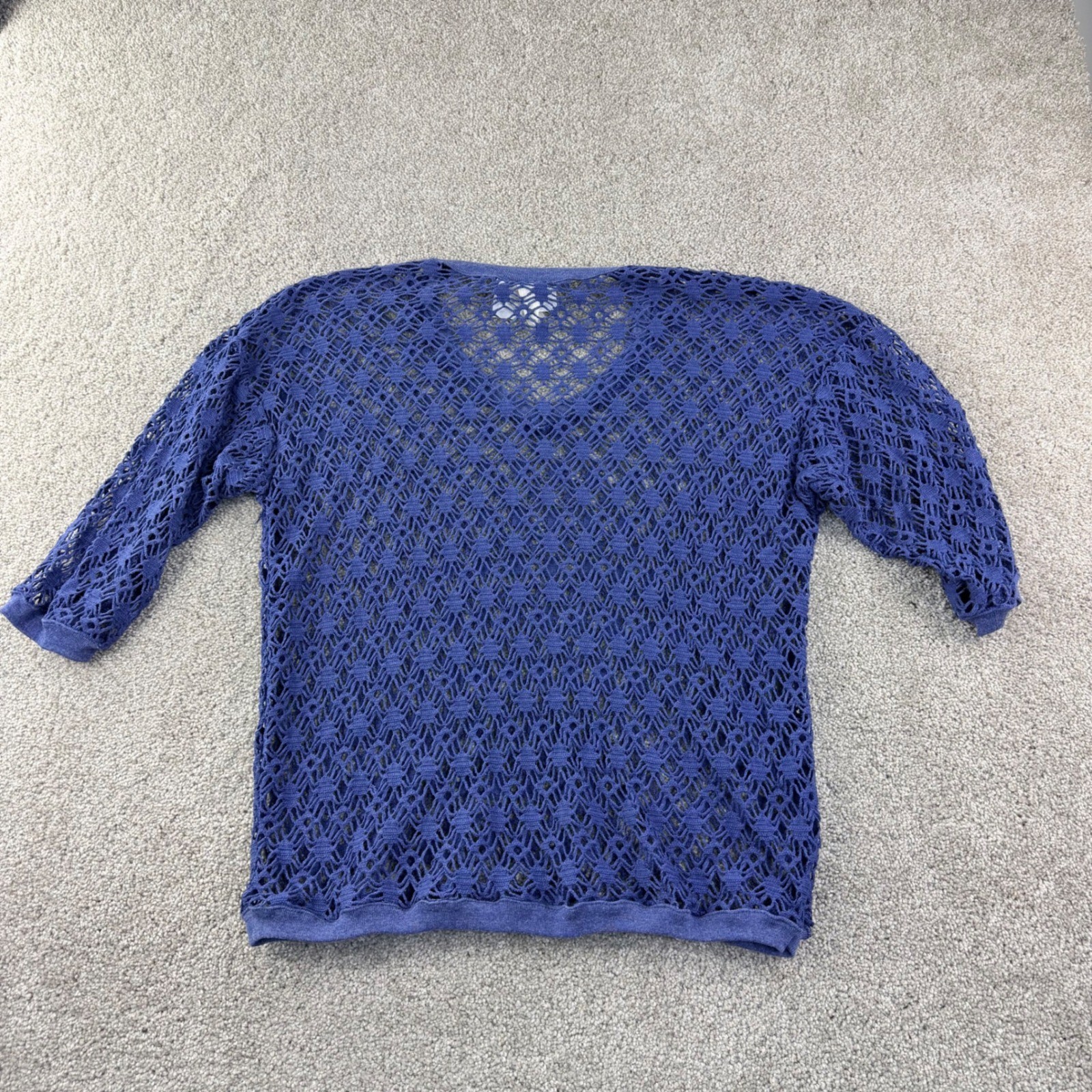 Marcy N’ Me Crochet Sweater Women M Blue Vintage 80s Boho Open Knit V-Neck Artsy